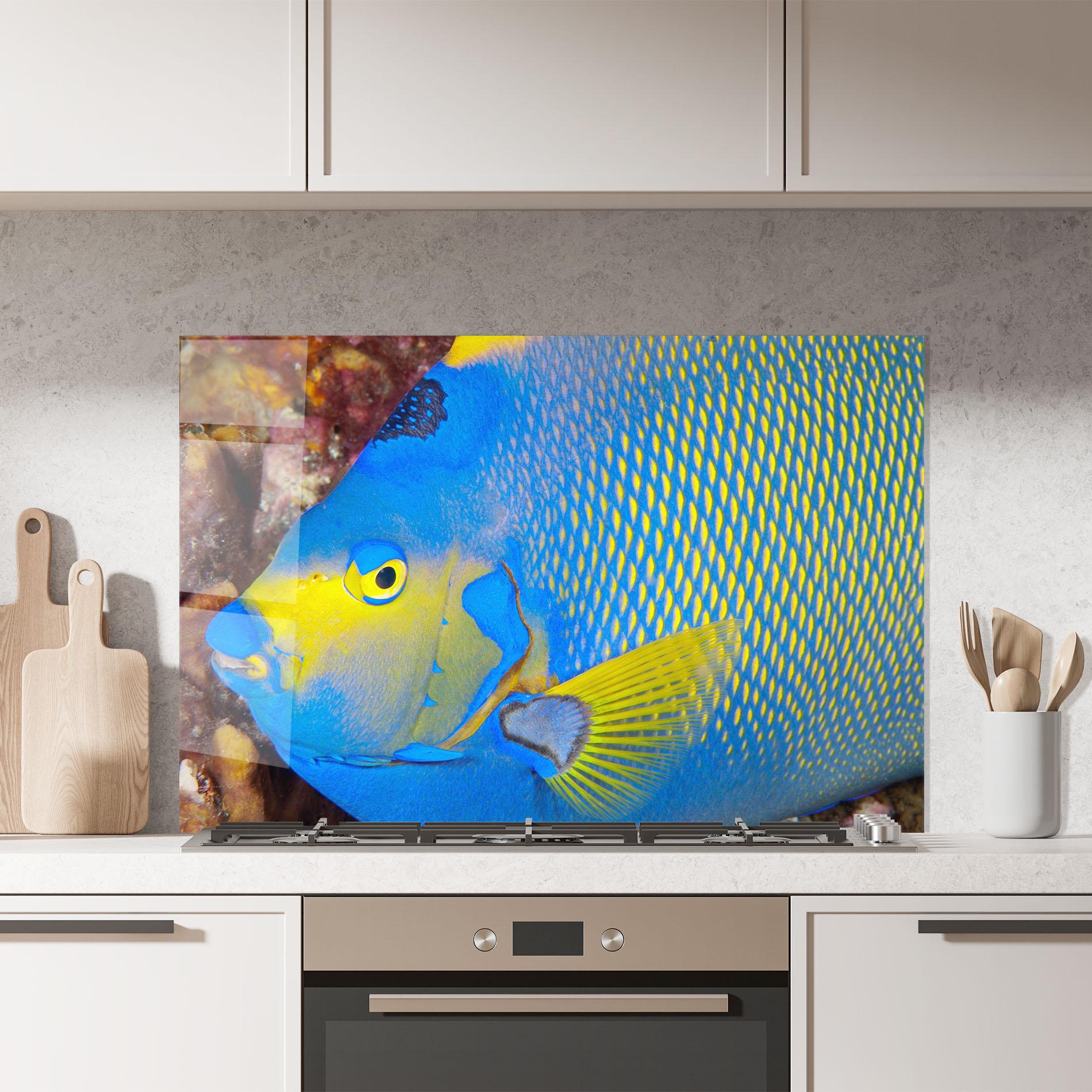Стъклен панел за кухня Blue Yellow Fish mockup 7