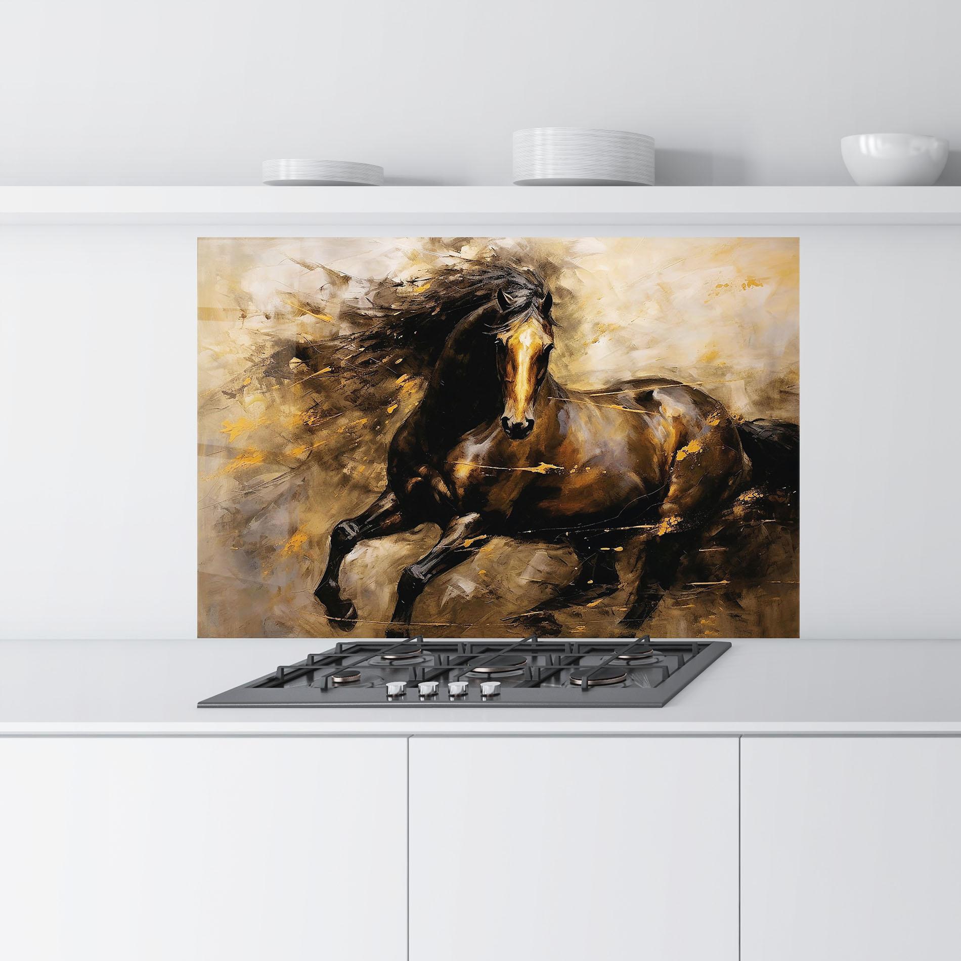 Стъклен панел за кухня Gold Brown Horse mockup 9