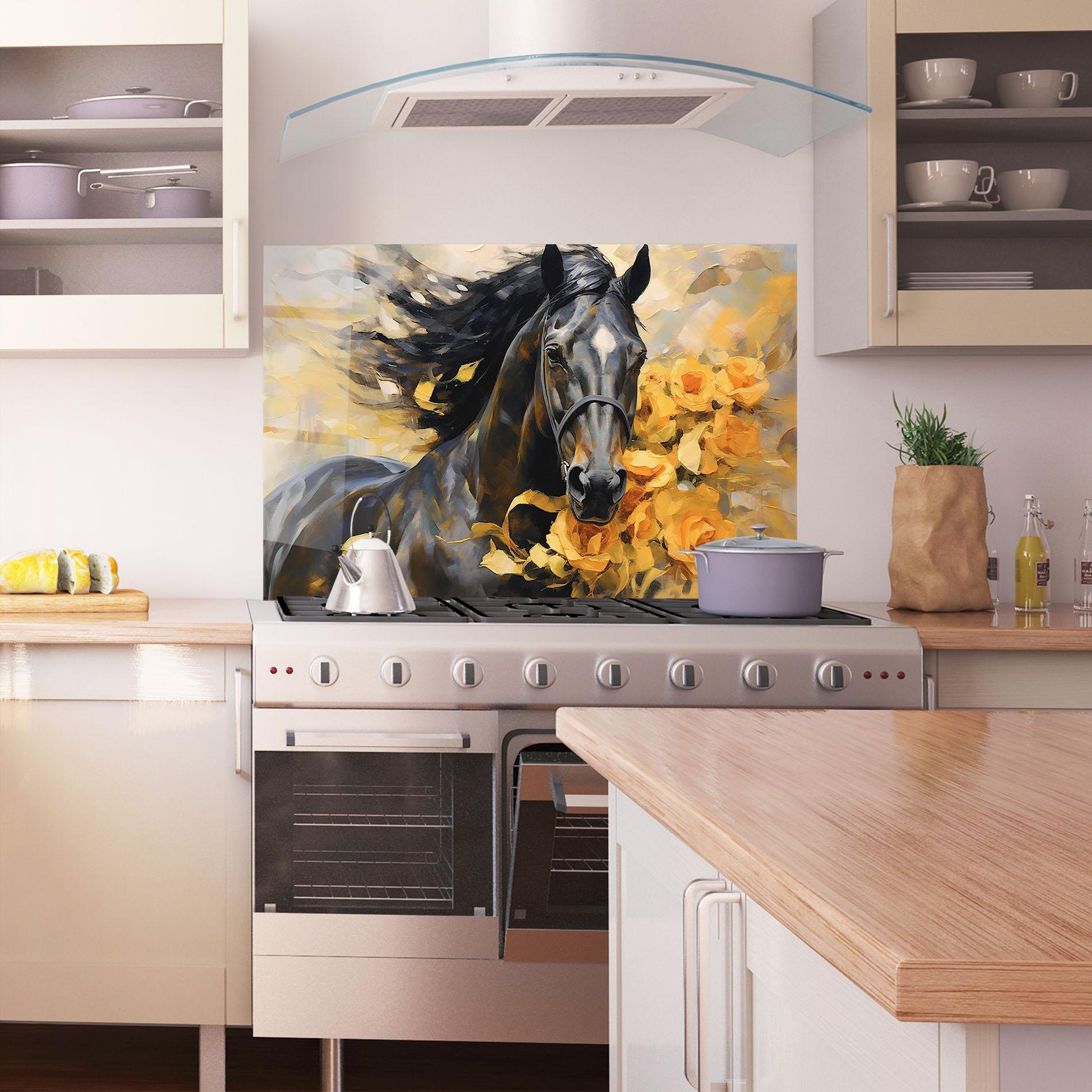 Стъклен панел за кухня Yellow Roses Horse mockup 1
