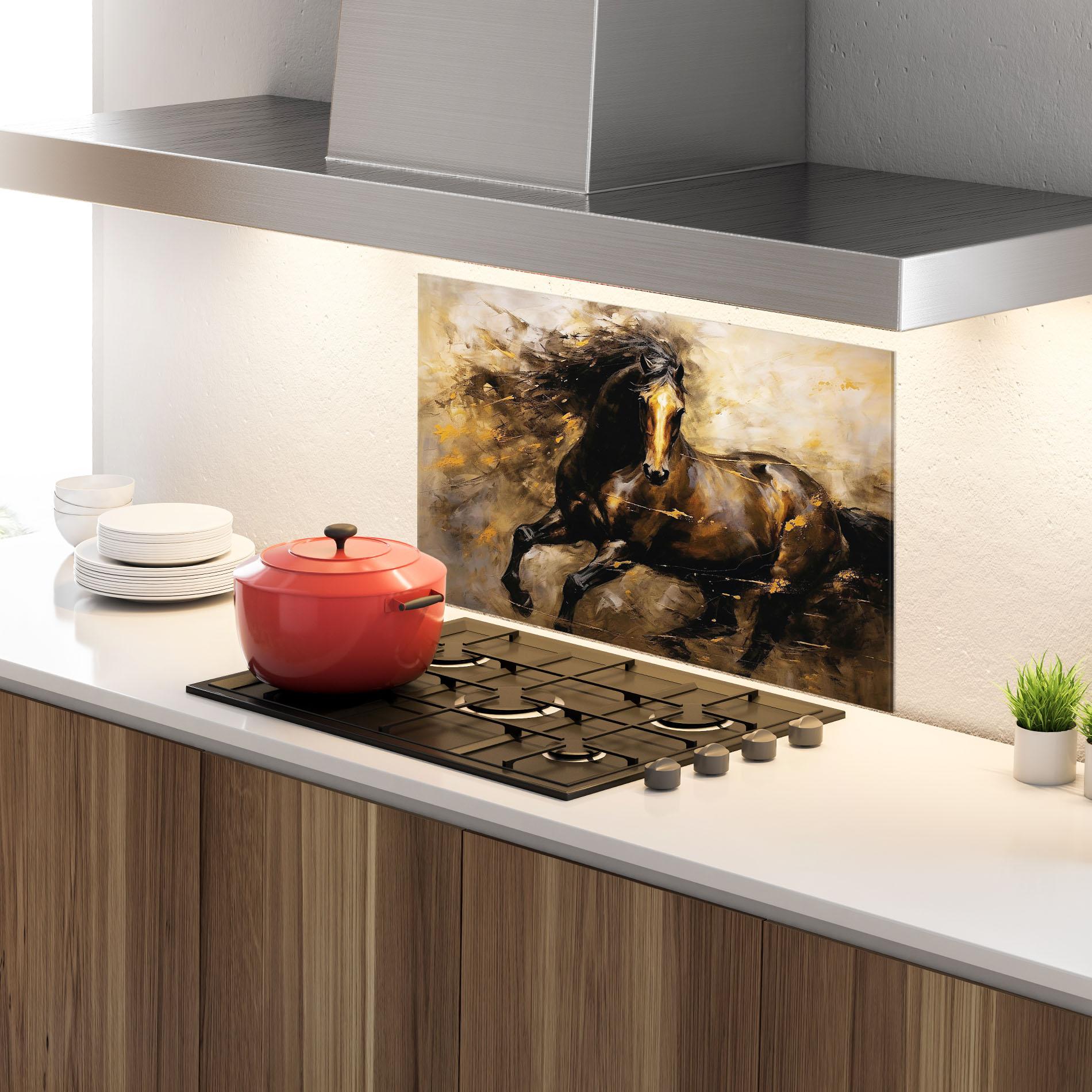 Стъклен панел за кухня Gold Brown Horse mockup 4