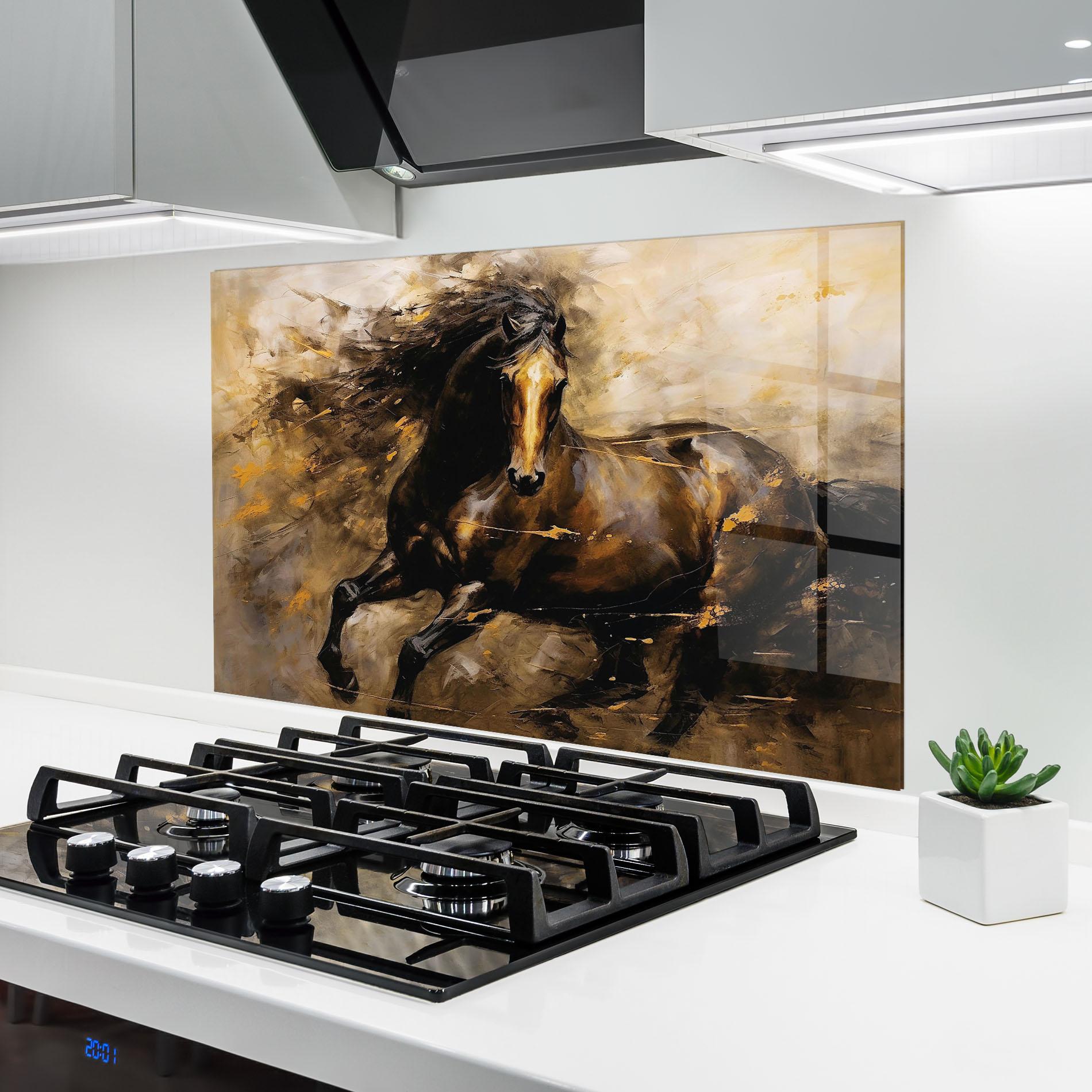 Стъклен панел за кухня Gold Brown Horse mockup 6