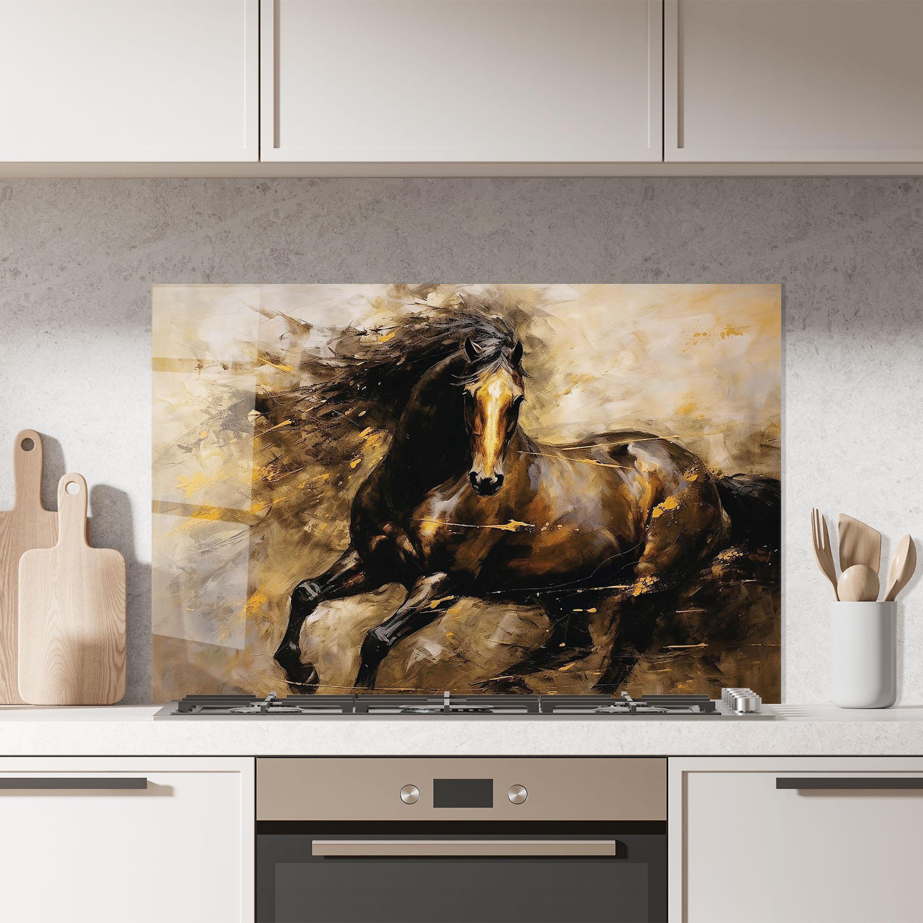 Стъклен панел за кухня Gold Brown Horse mockup 7