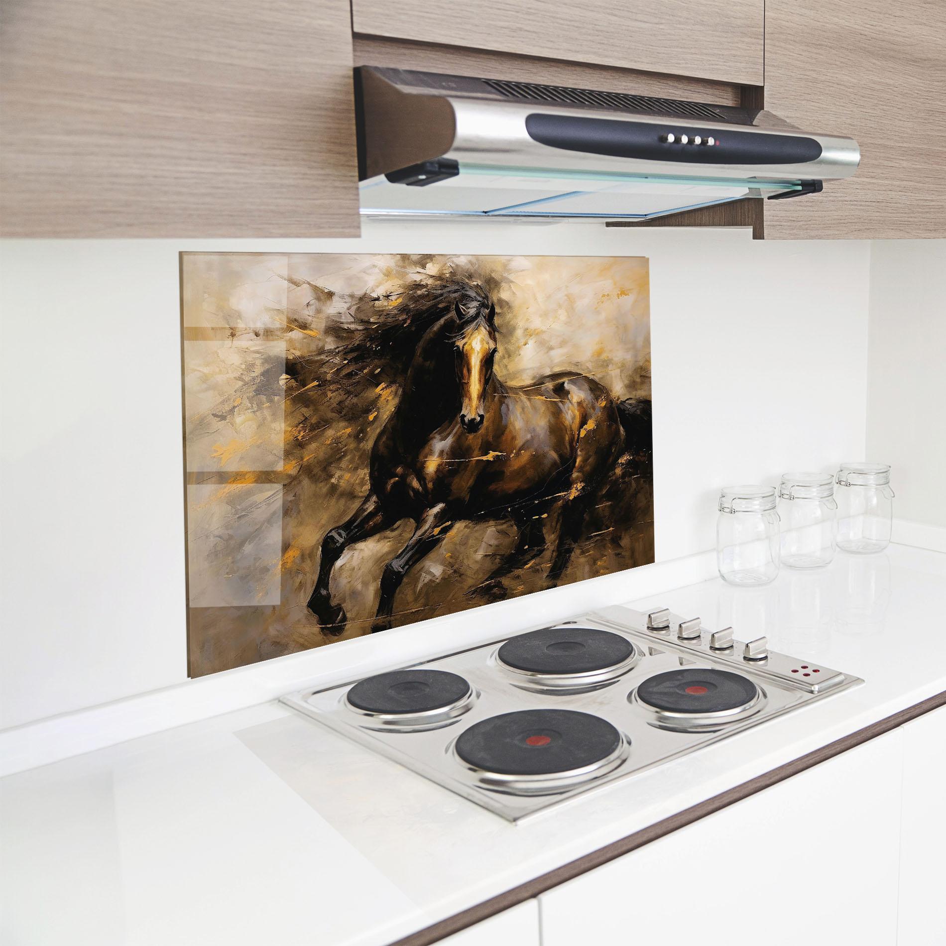 Стъклен панел за кухня Gold Brown Horse mockup 8