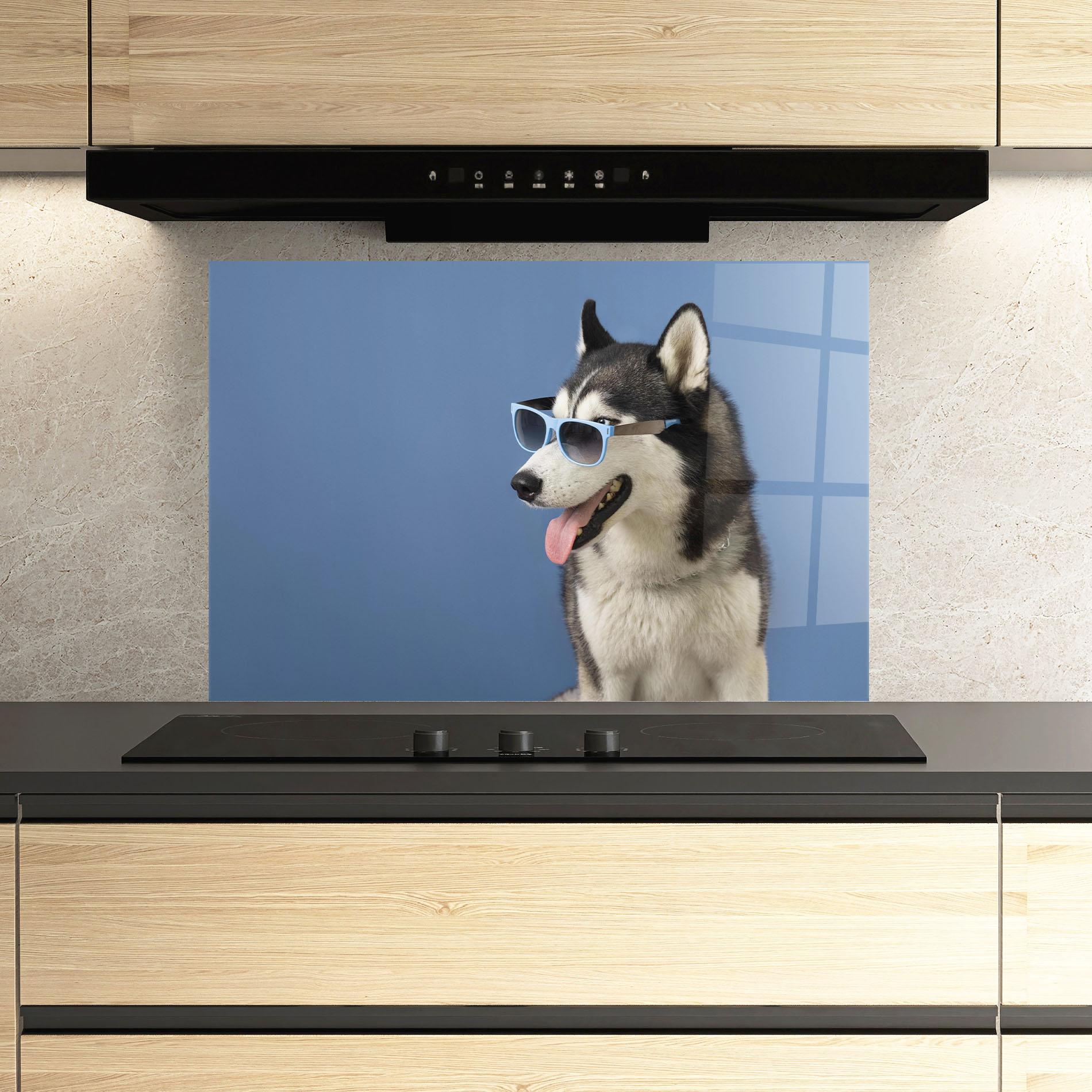 Стъклен панел за кухня Blue Glasses Dog mockup 3