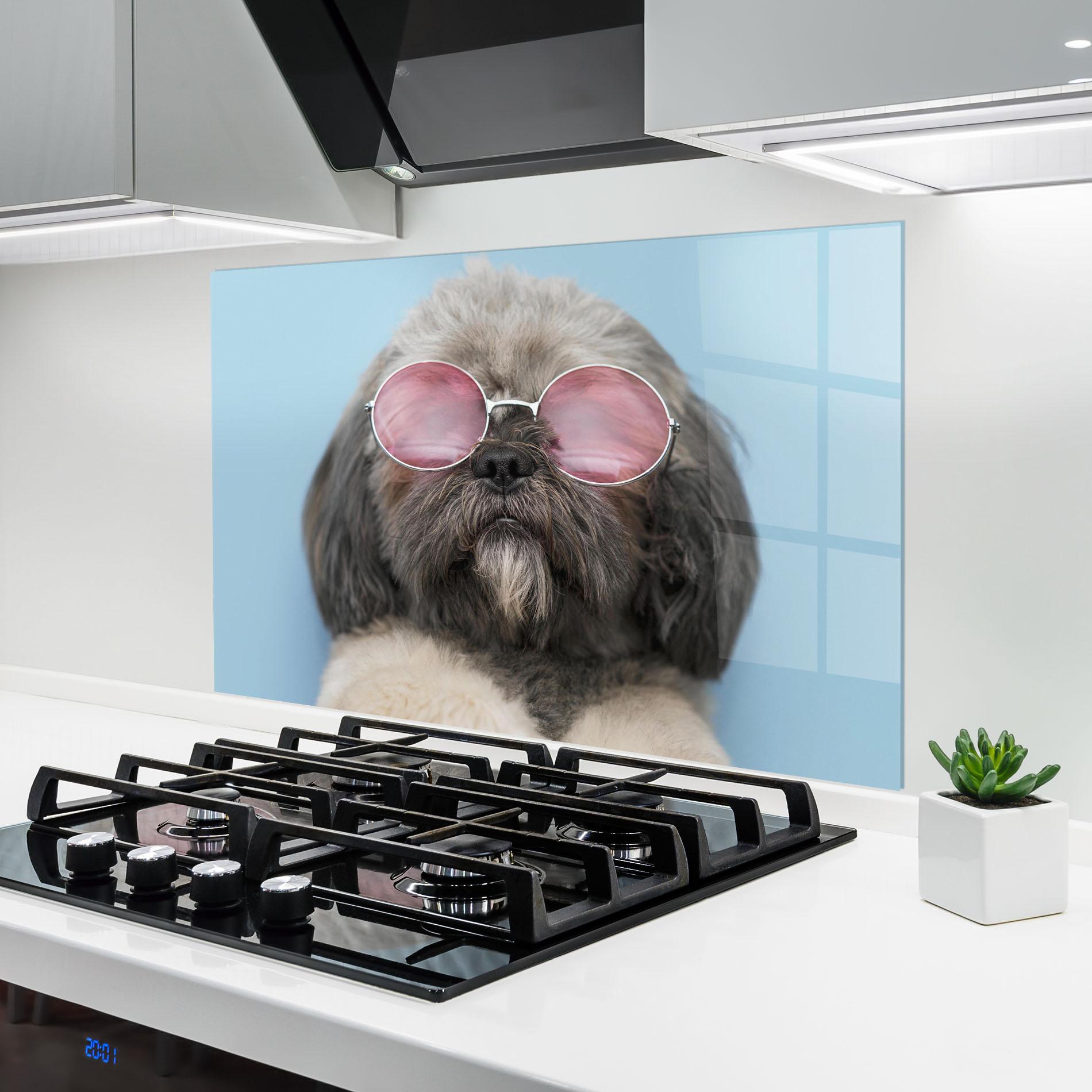 Стъклен панел за кухня Grey Dog On Blue mockup 6