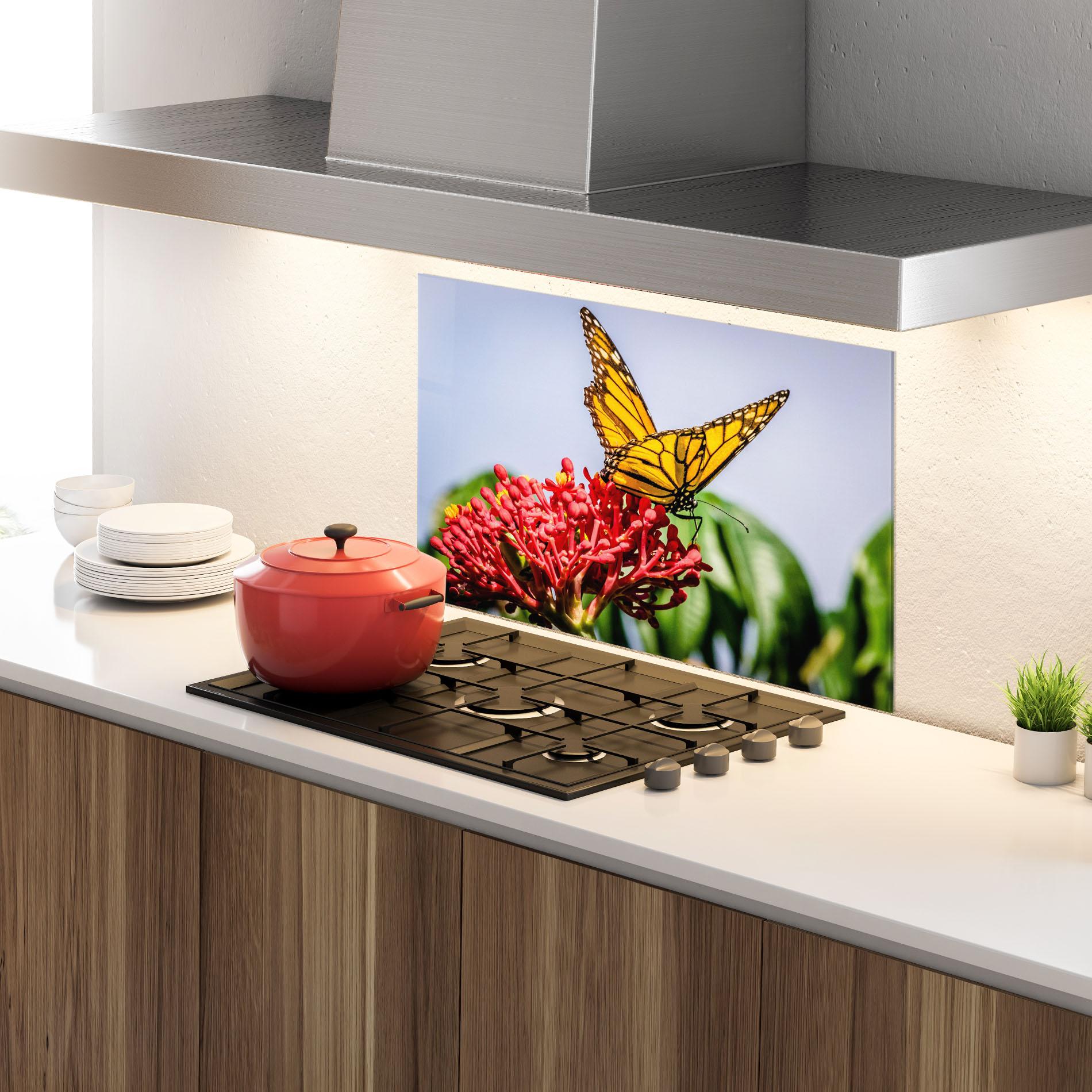 Стъклен панел за кухня Butterfly On Red Flower mockup 4