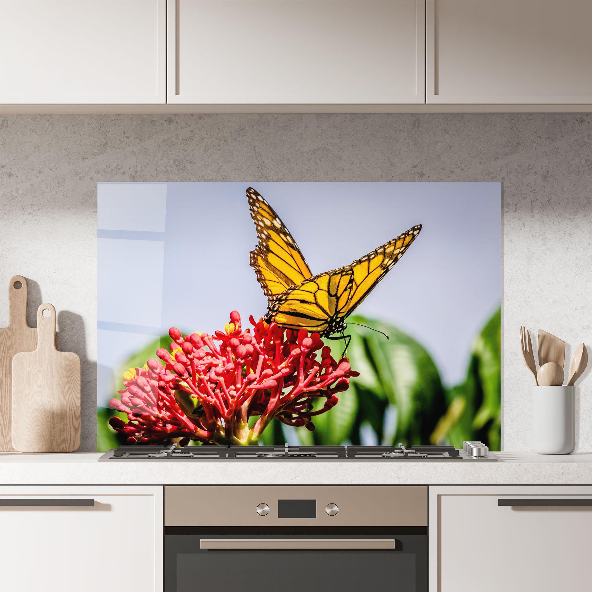 Стъклен панел за кухня Butterfly On Red Flower mockup 7