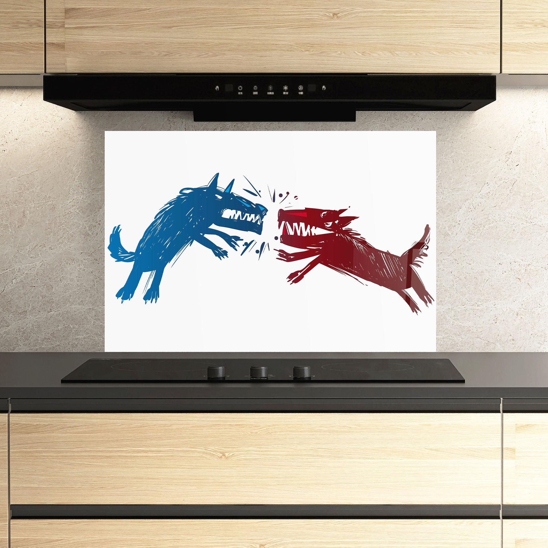 Стъклен панел за кухня Red Blue Wolves mockup 3