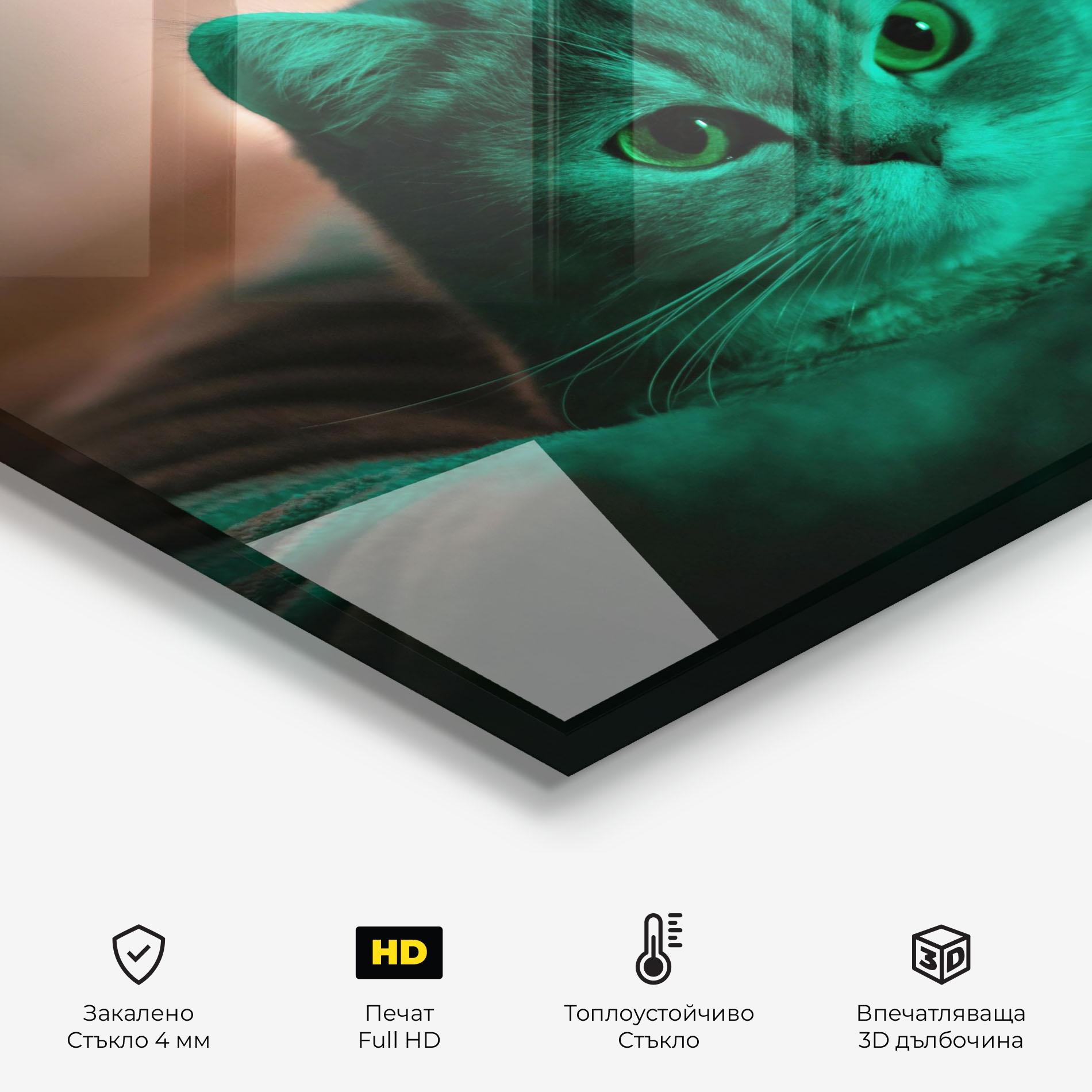 Стъклен панел за кухня Green Light Cat mockup 2