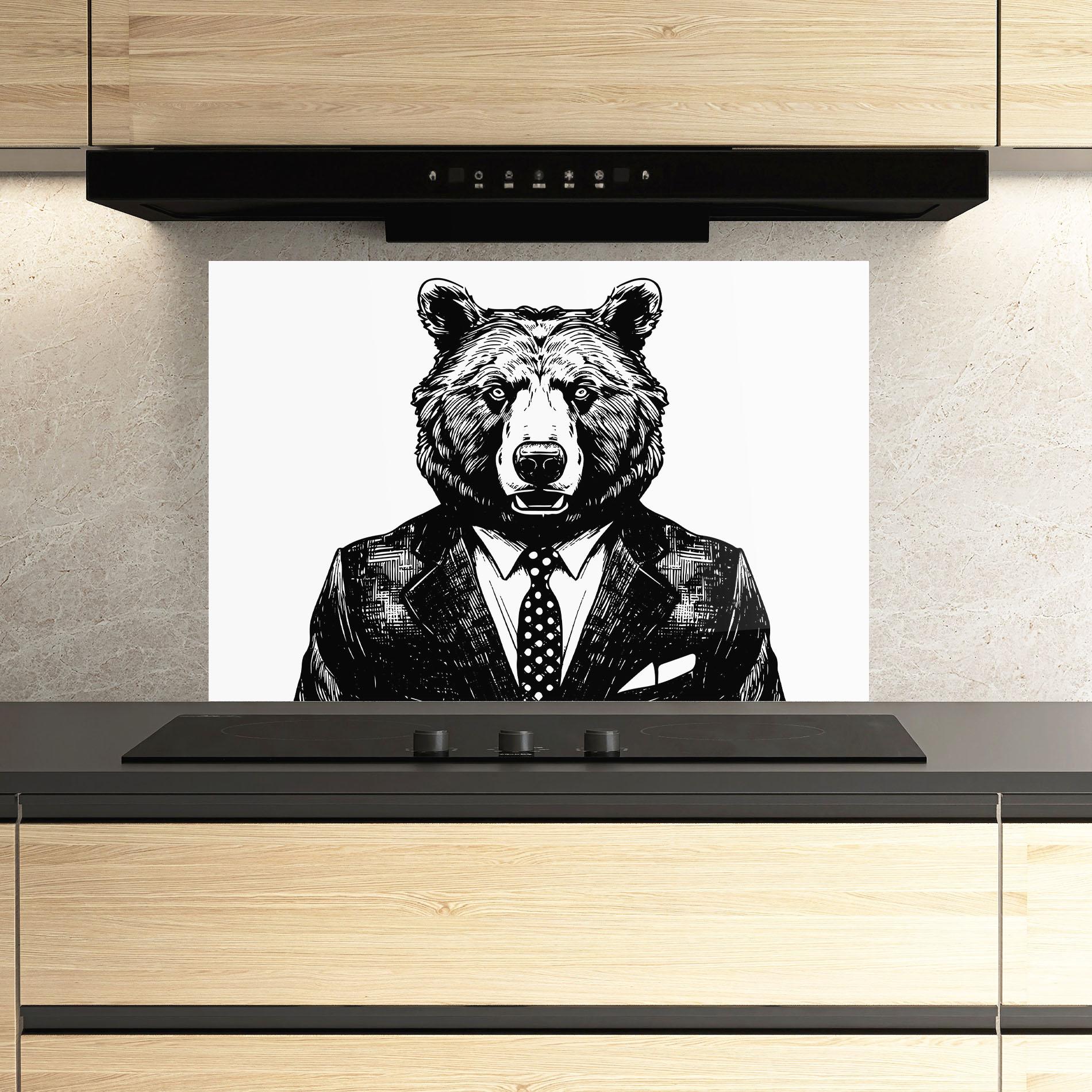 Стъклен панел за кухня Bear In Suit mockup 3