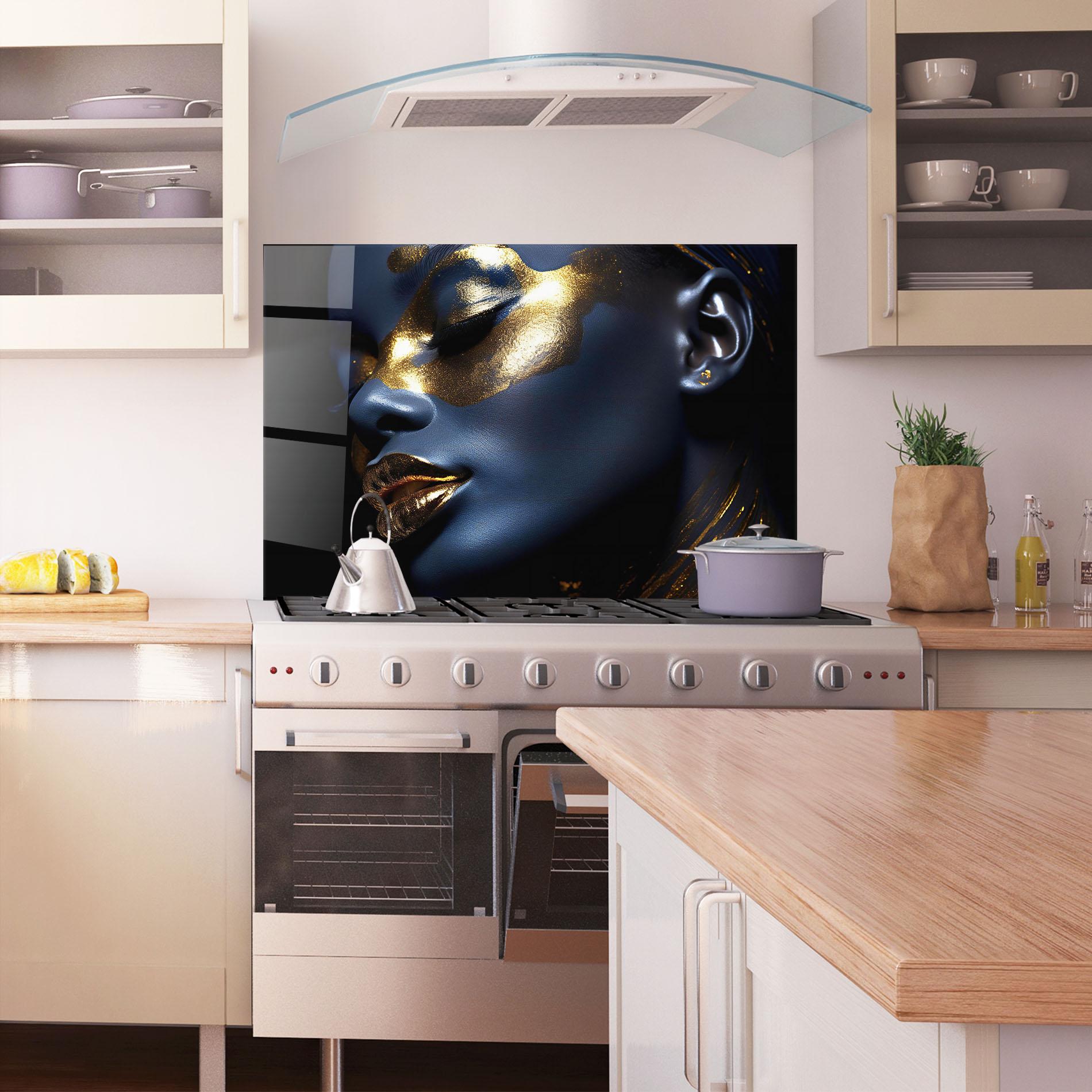 Стъклен панел за кухня Blue Gold Face mockup 1