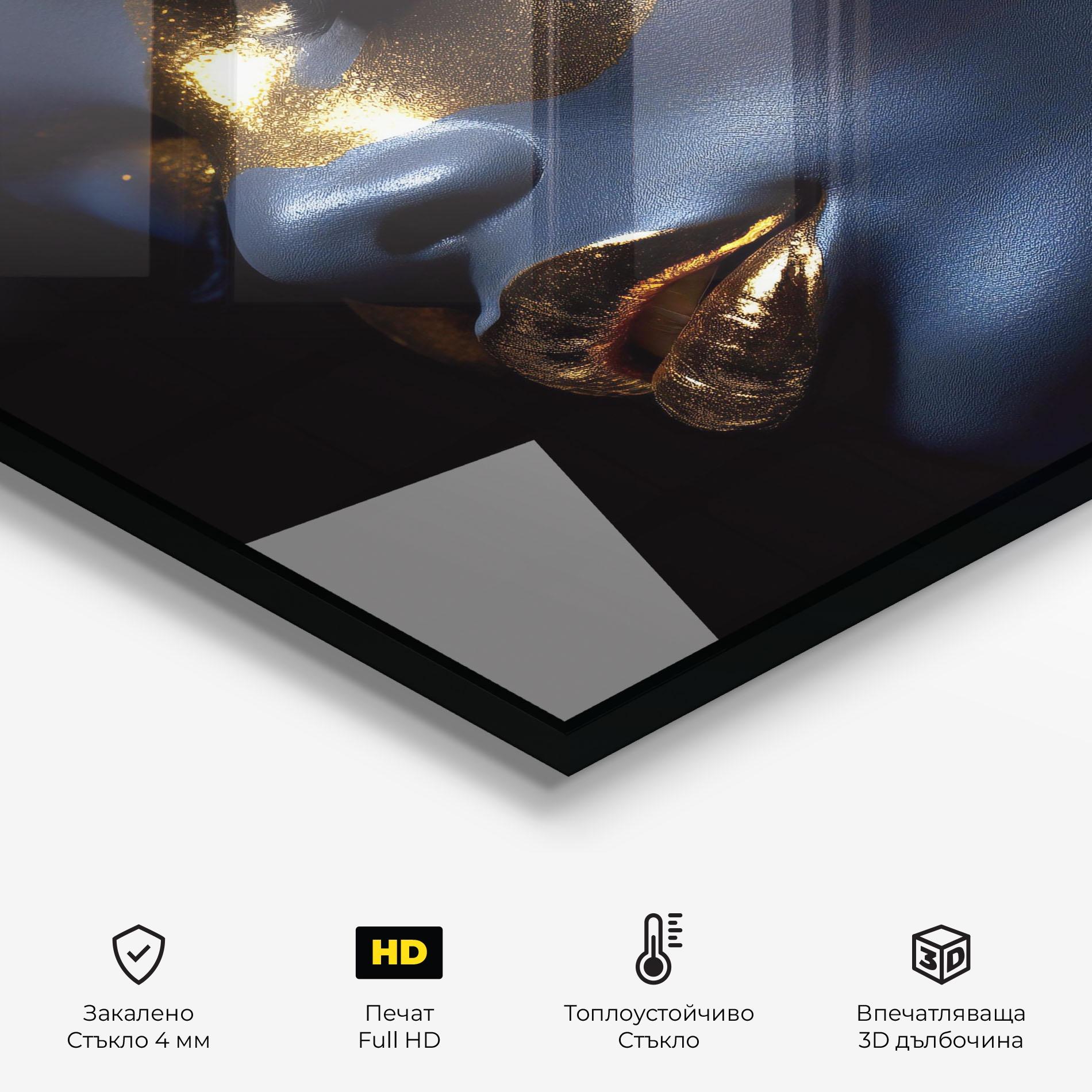 Стъклен панел за кухня Blue Gold Face mockup 2