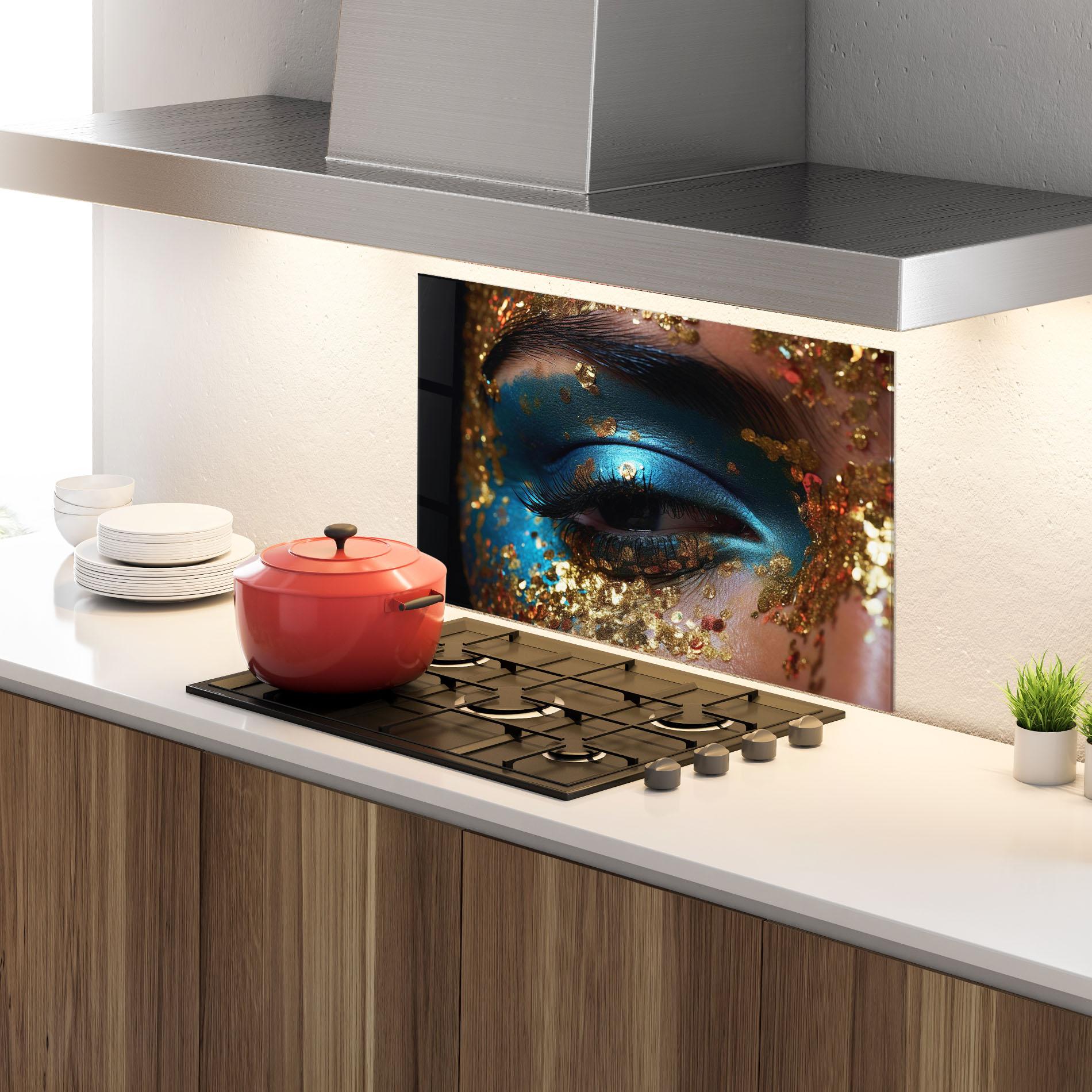 Стъклен панел за кухня Blue Gold Glitter mockup 4