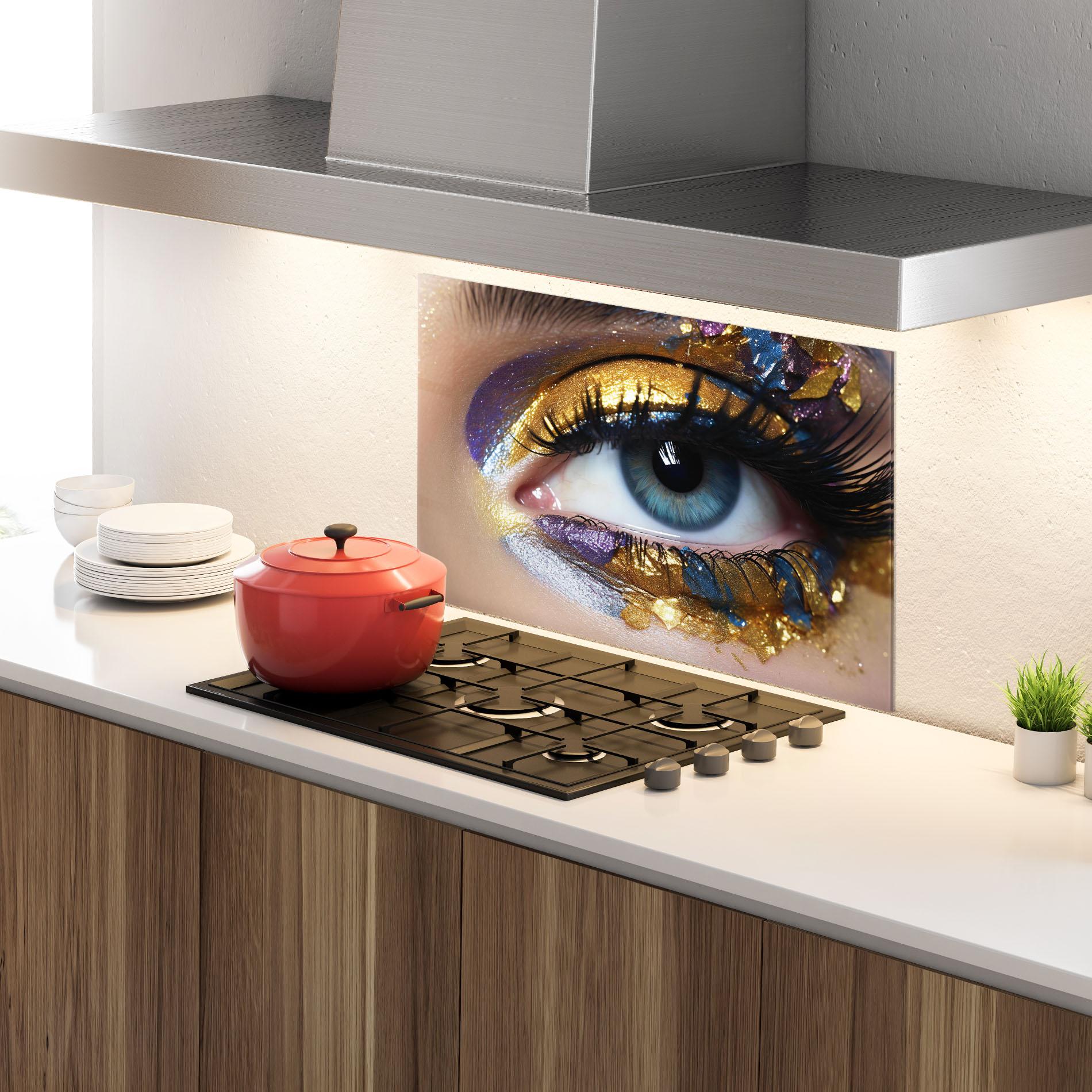 Стъклен панел за кухня Golden Purple Make Up mockup 4