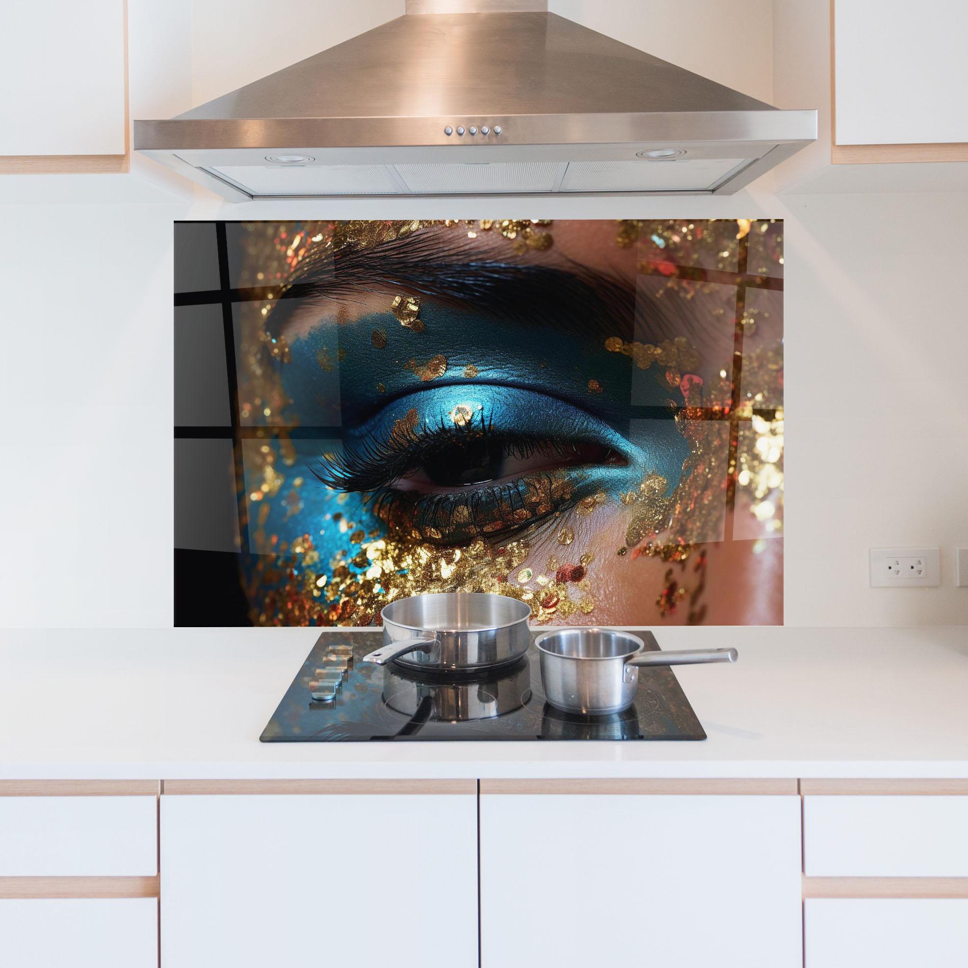 Стъклен панел за кухня Blue Gold Glitter mockup 5