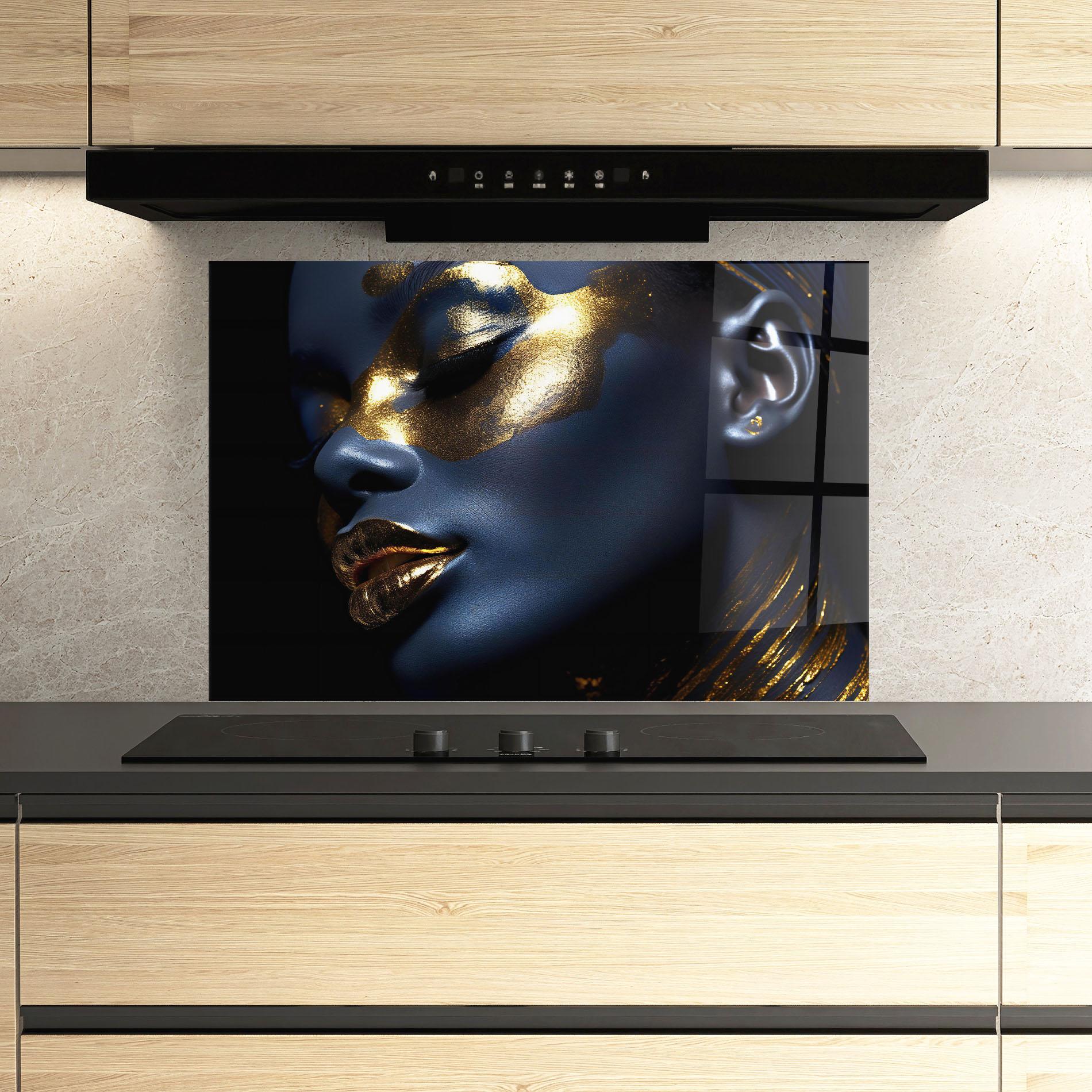 Стъклен панел за кухня Blue Gold Face mockup 3
