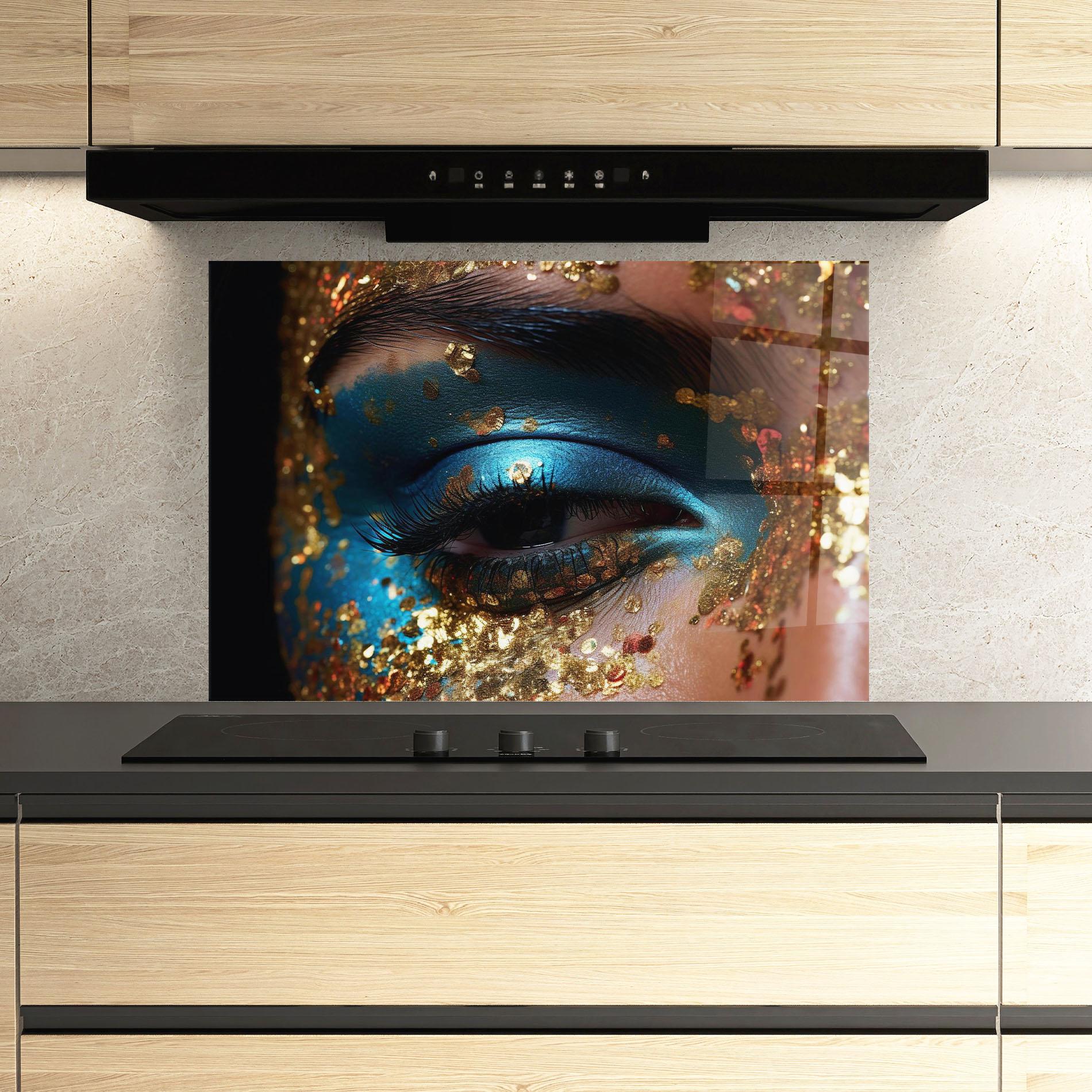 Стъклен панел за кухня Blue Gold Glitter mockup 3