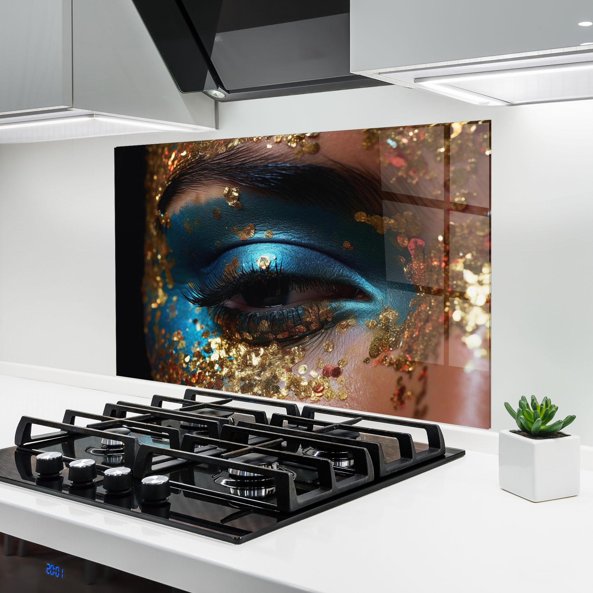 Стъклен панел за кухня Blue Gold Glitter mockup 6