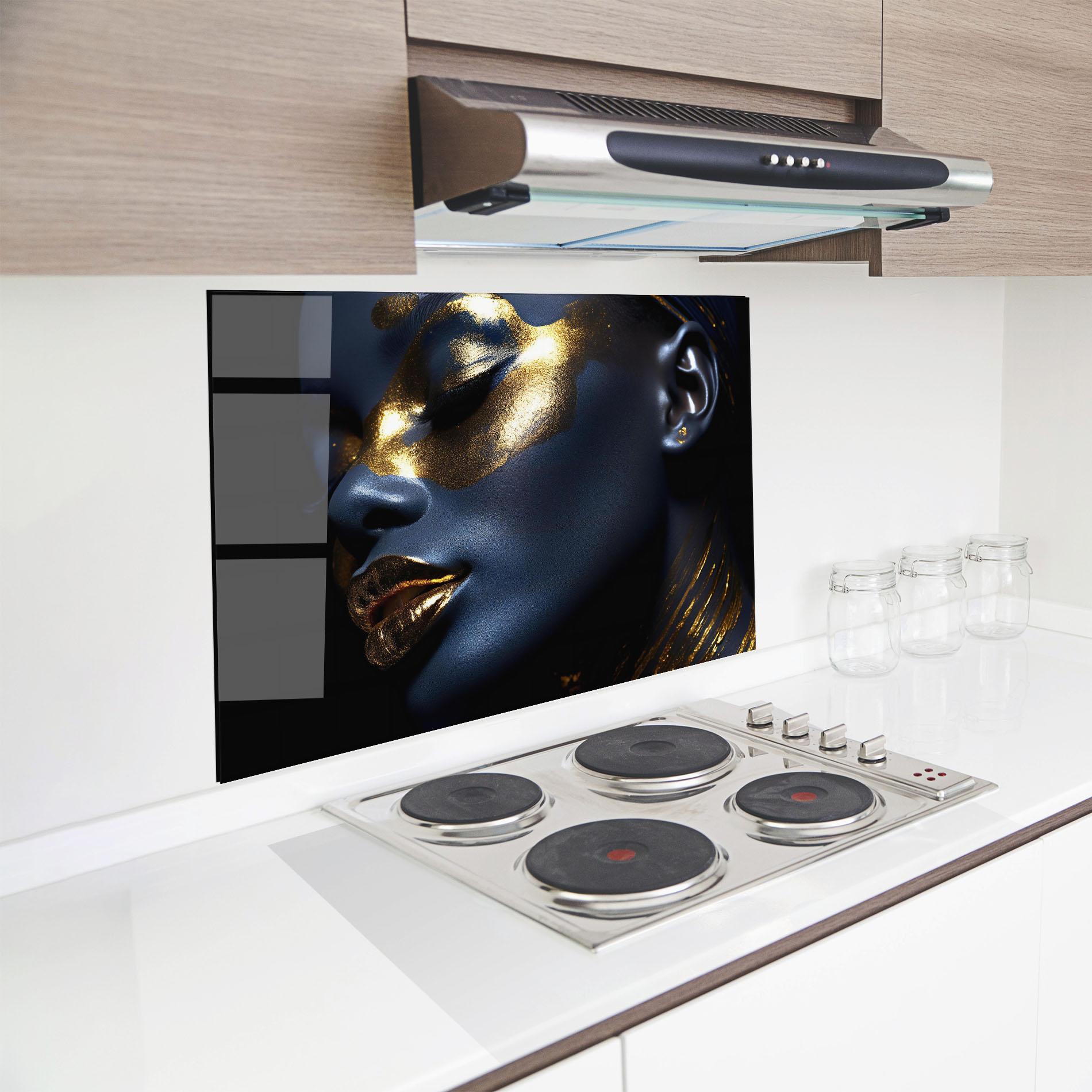 Стъклен панел за кухня Blue Gold Face mockup 8