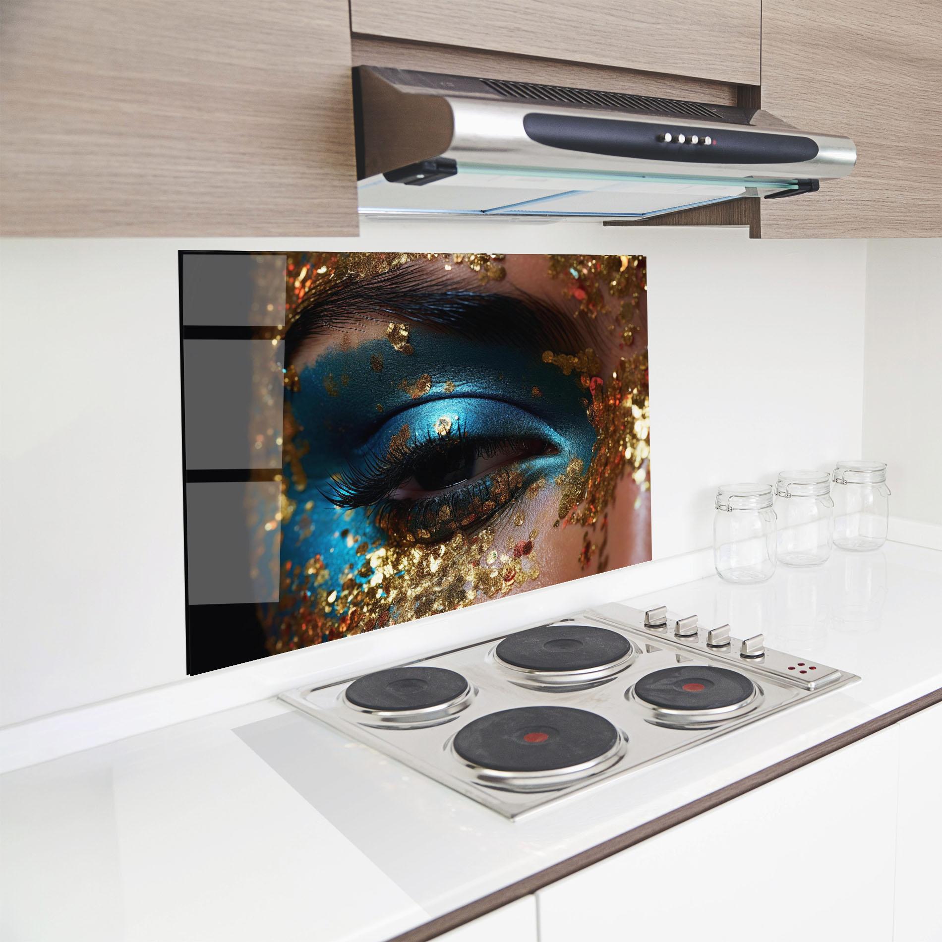 Стъклен панел за кухня Blue Gold Glitter mockup 8