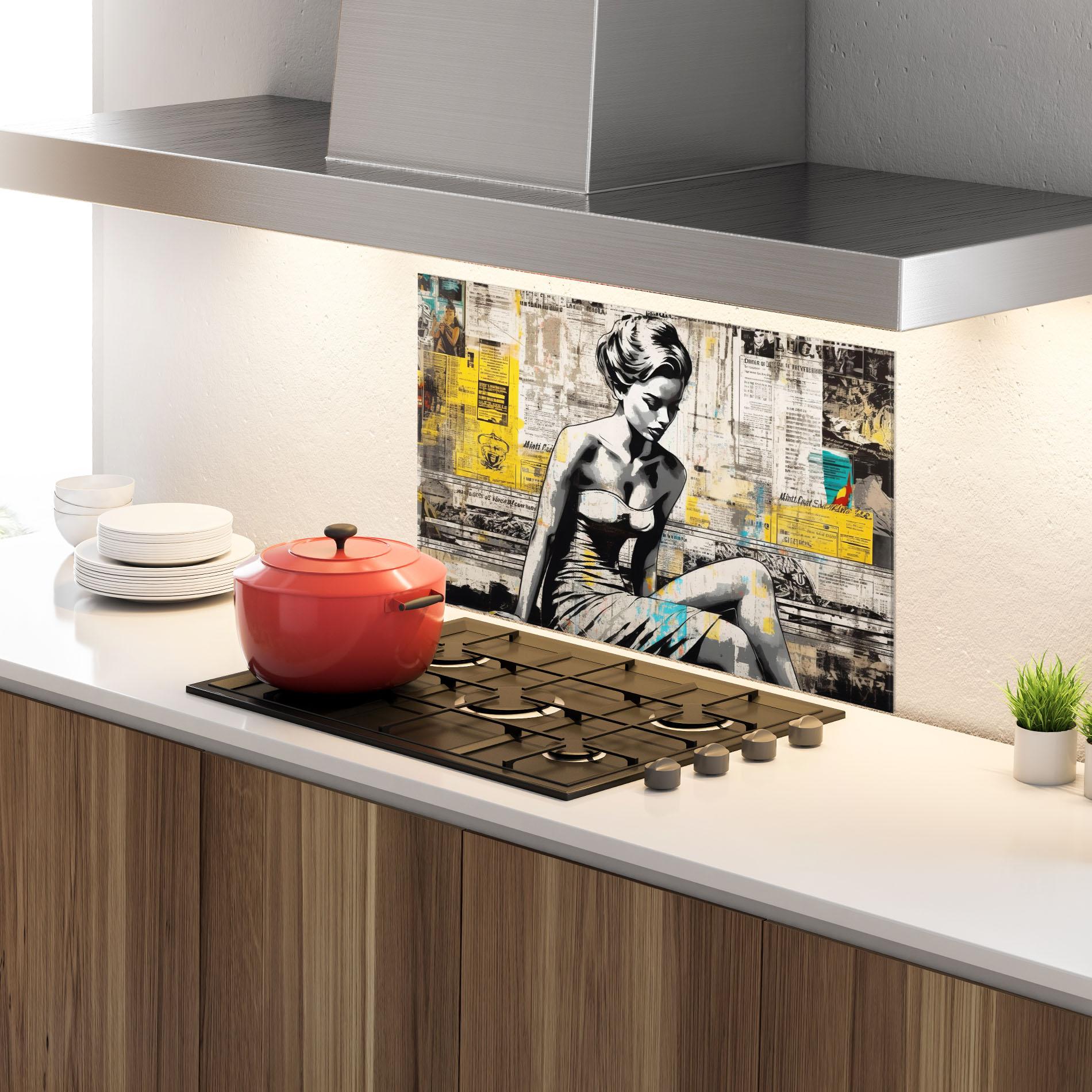 Стъклен панел за кухня Newspaper Painting Girl mockup 4