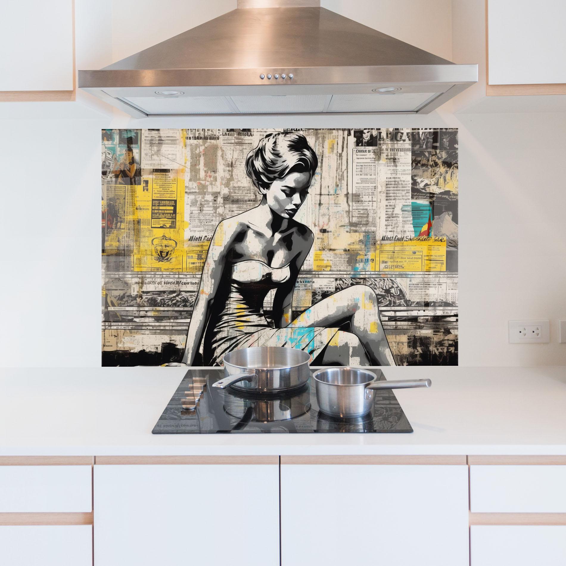 Стъклен панел за кухня Newspaper Painting Girl mockup 5