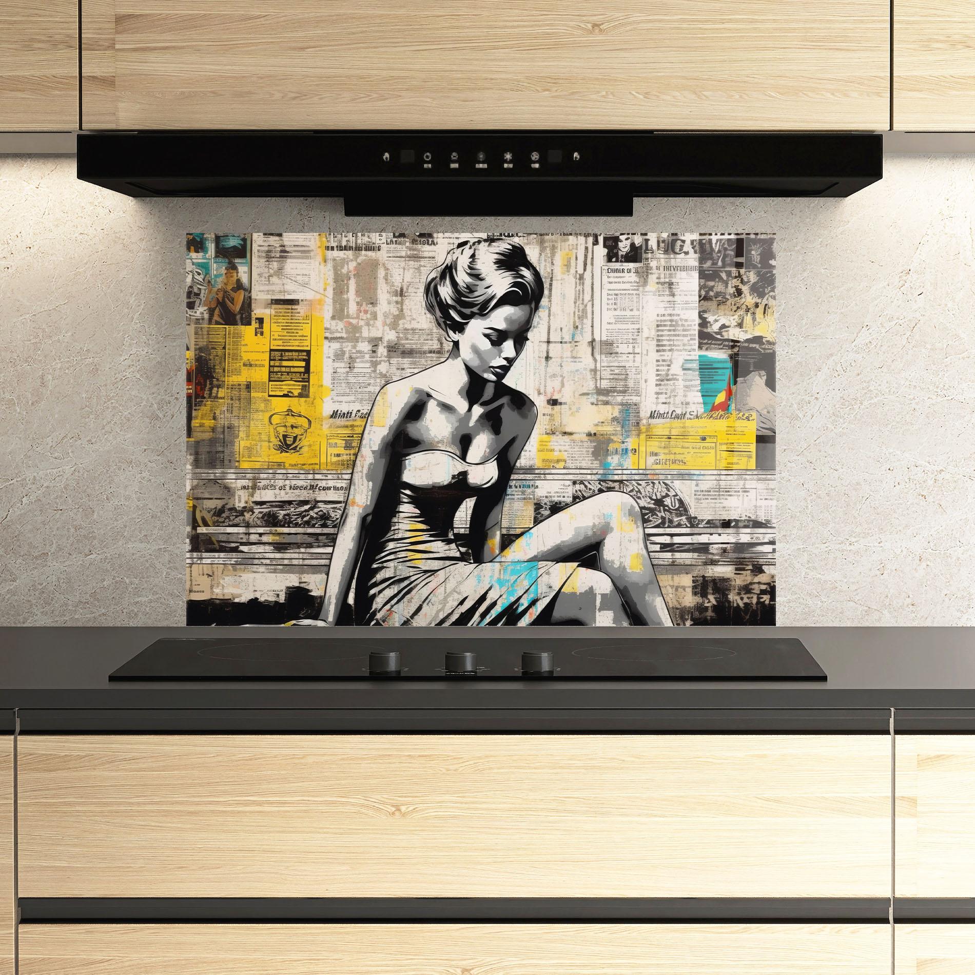 Стъклен панел за кухня Newspaper Painting Girl mockup 3
