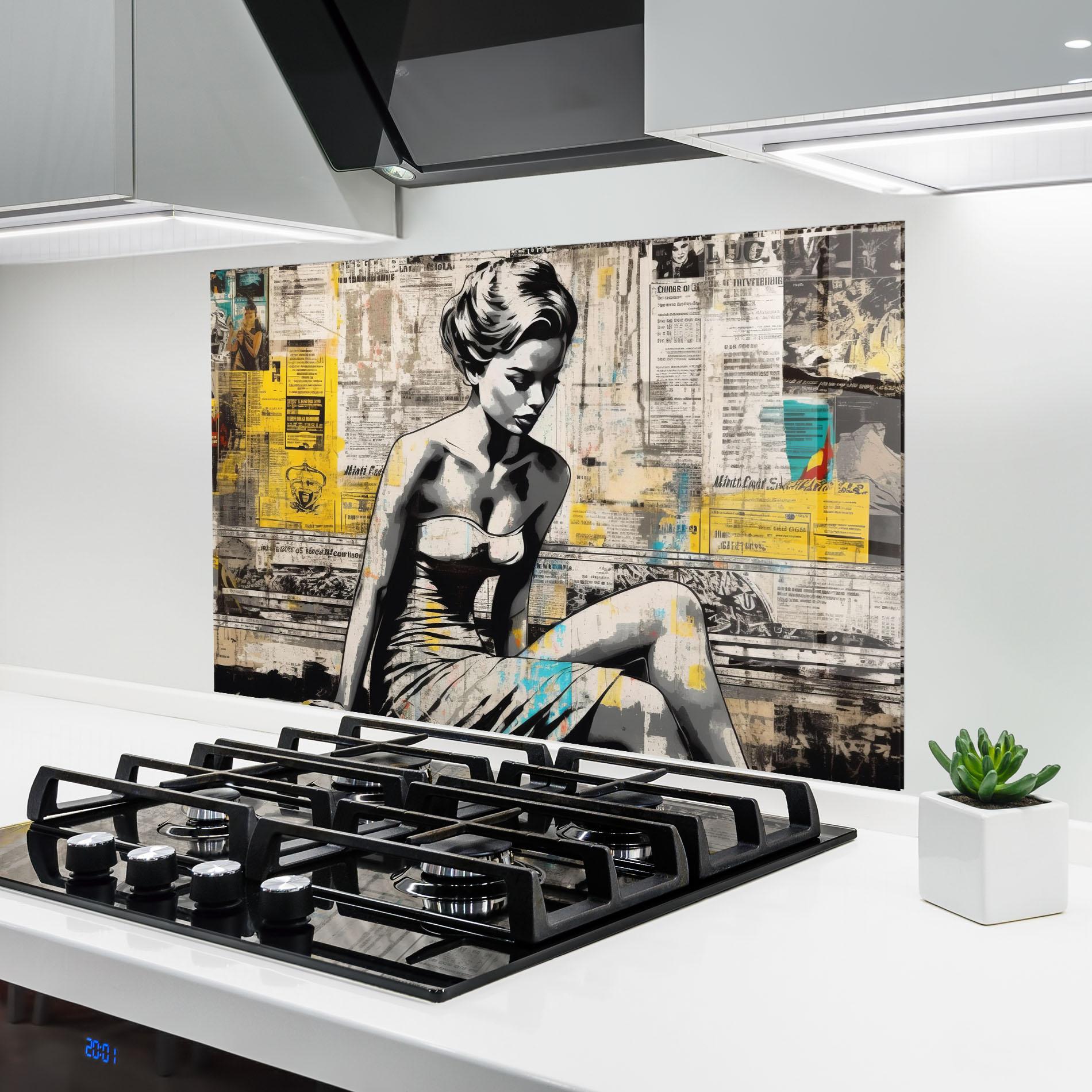 Стъклен панел за кухня Newspaper Painting Girl mockup 6