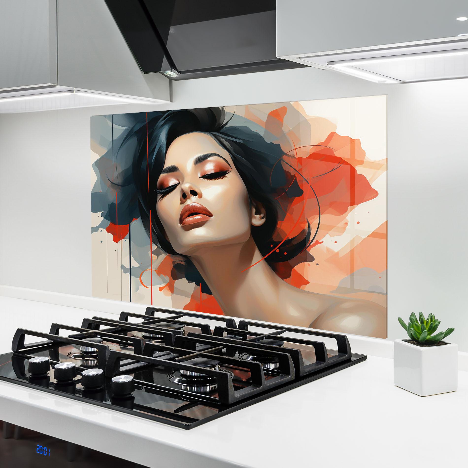Стъклен панел за кухня Pretty Woman On Red mockup 6
