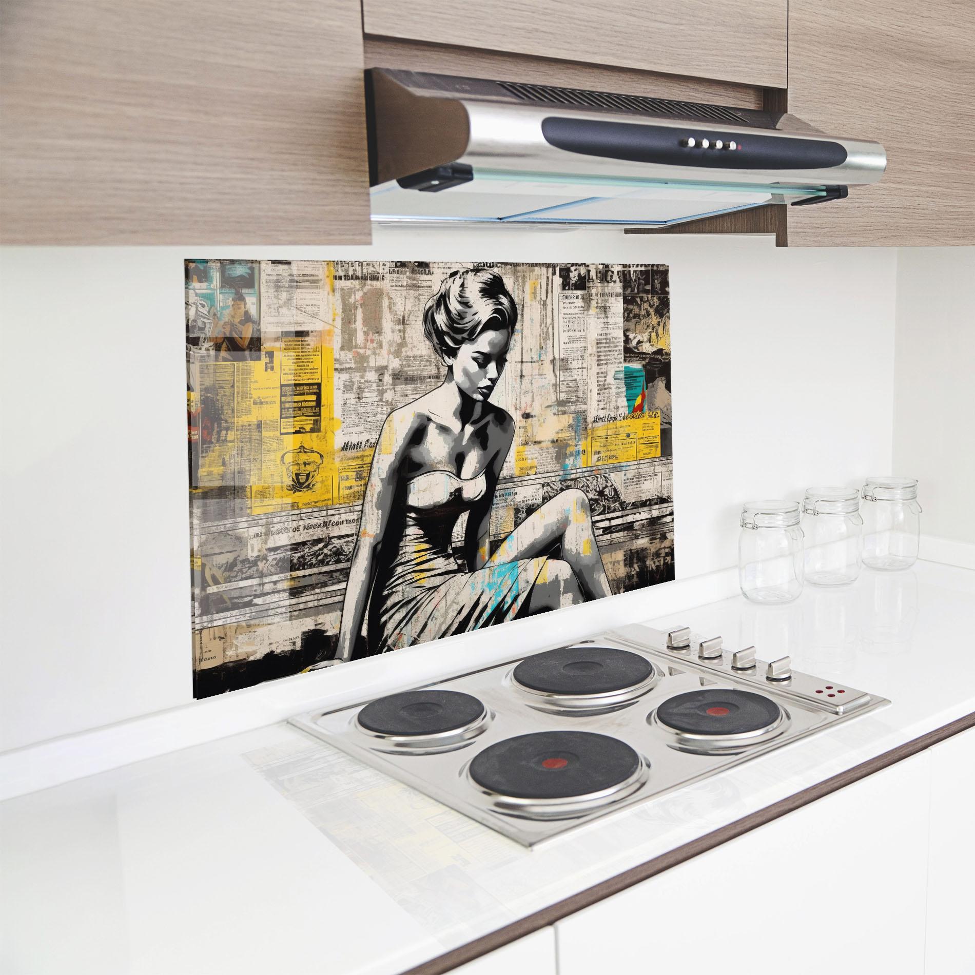 Стъклен панел за кухня Newspaper Painting Girl mockup 8
