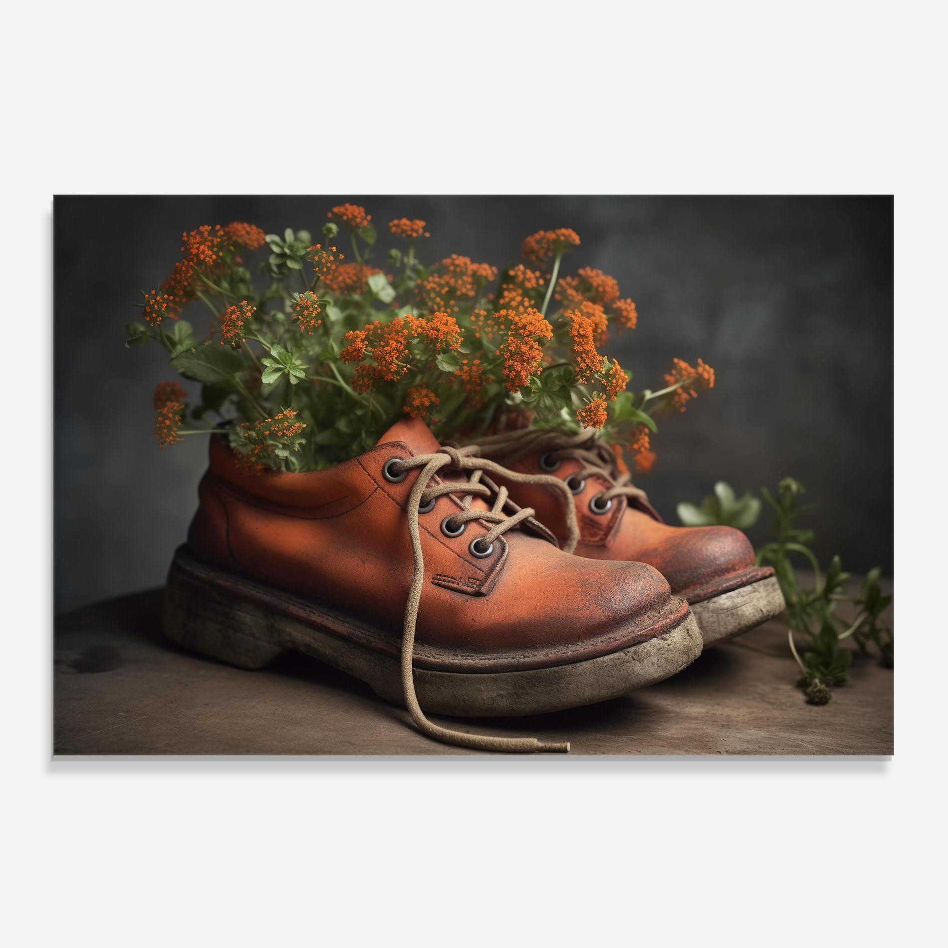 Стъклен панел за кухня Old Boot Spring Flowers mockup 0