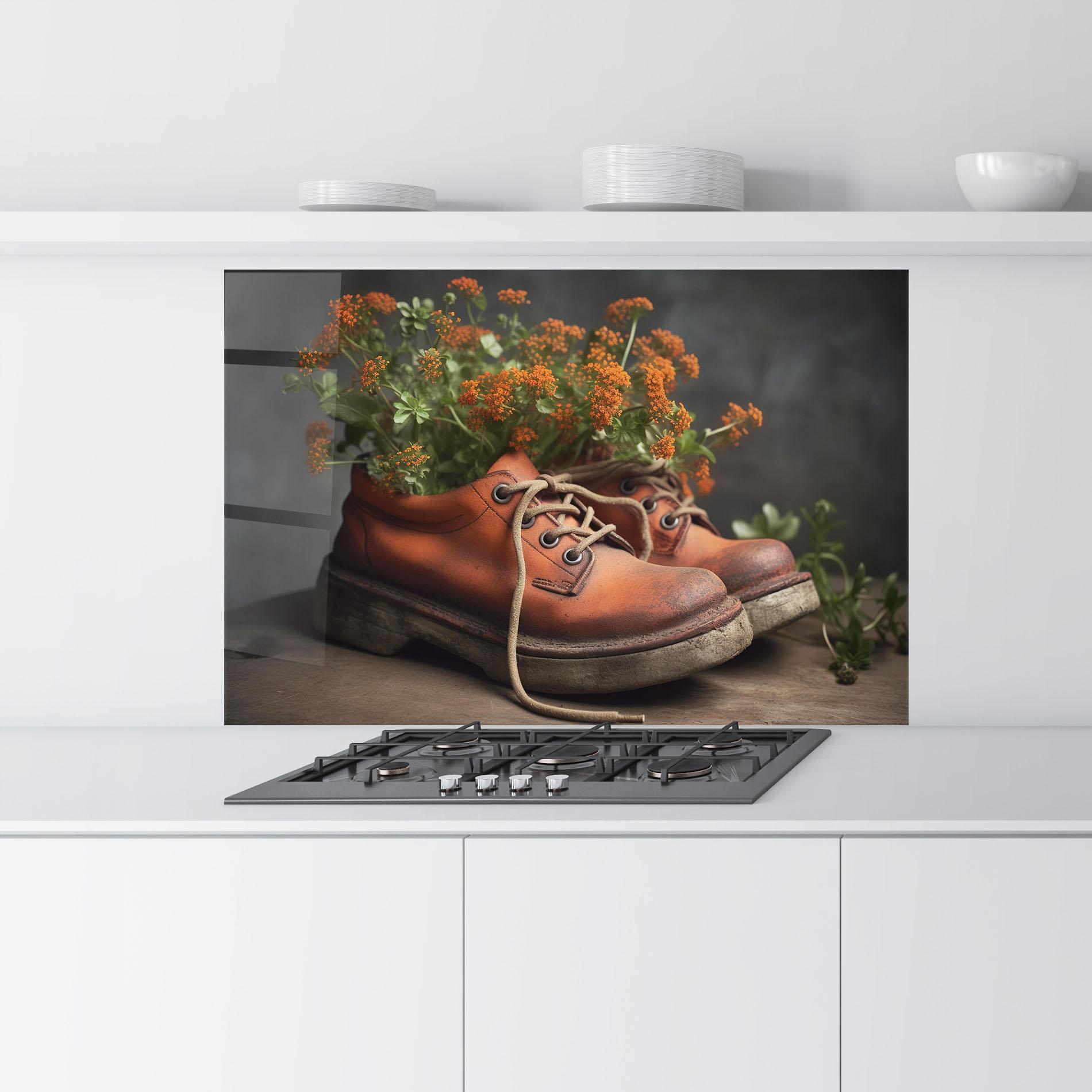 Стъклен панел за кухня Old Boot Spring Flowers mockup 9