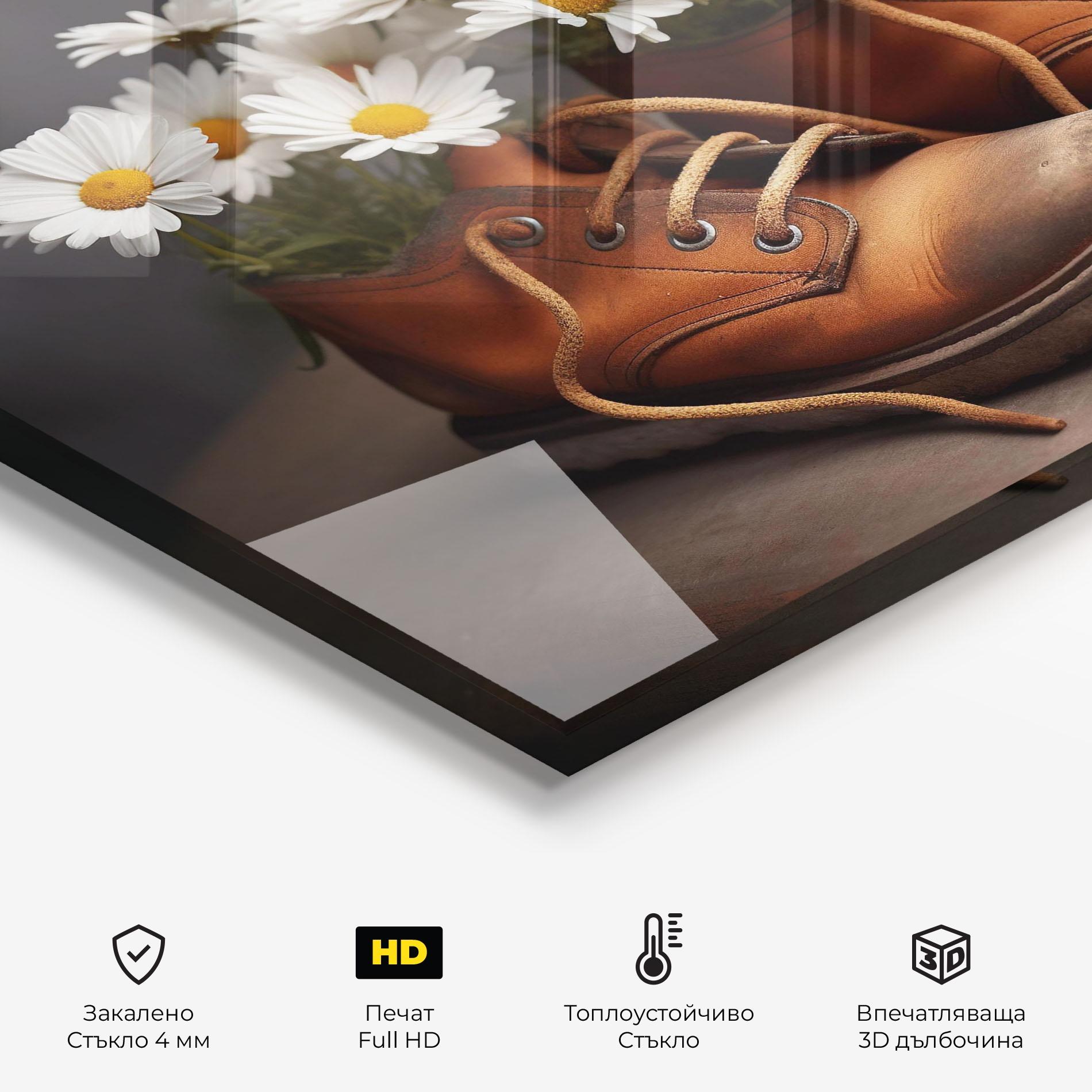 Стъклен панел за кухня Old Boot Flowers mockup 2