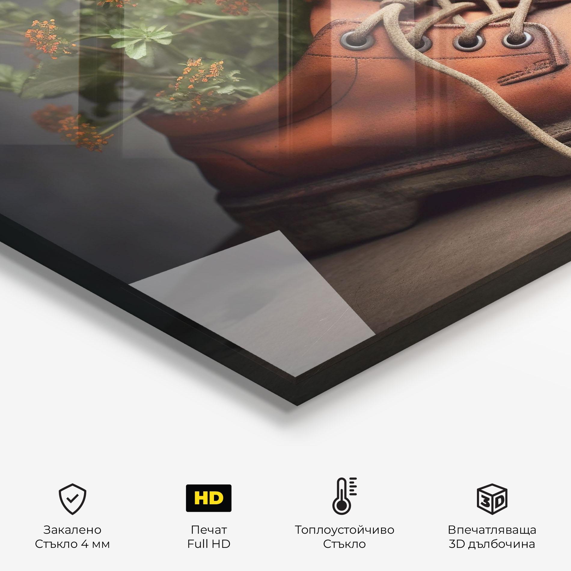 Стъклен панел за кухня Old Boot Spring Flowers mockup 2