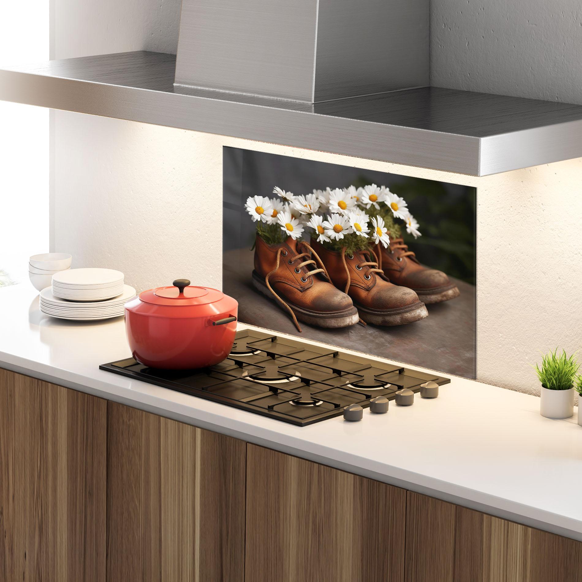 Стъклен панел за кухня Old Boot Flowers mockup 4