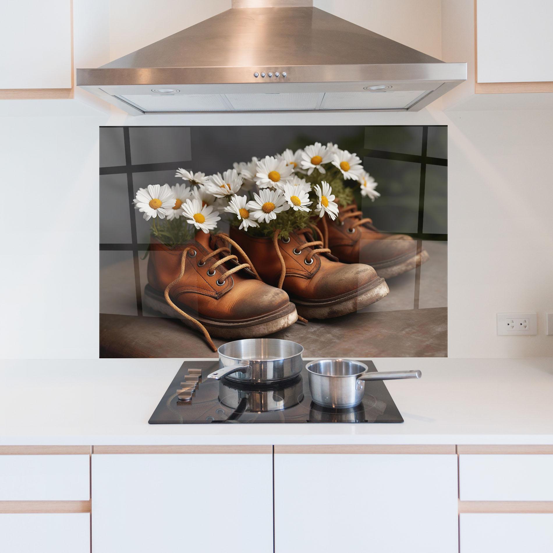 Стъклен панел за кухня Old Boot Flowers mockup 5