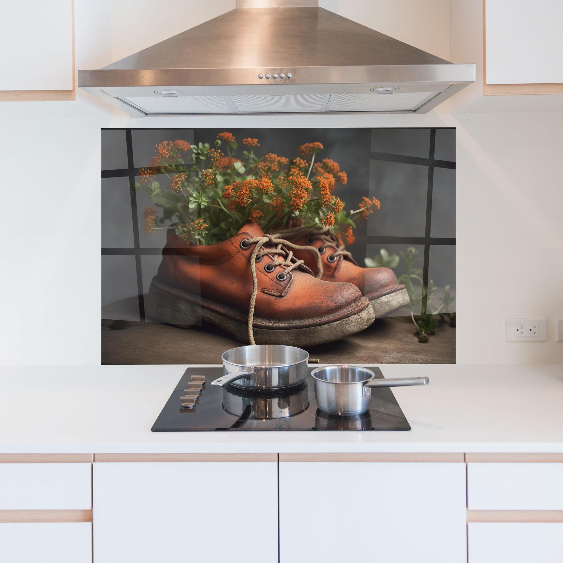 Стъклен панел за кухня Old Boot Spring Flowers mockup 5