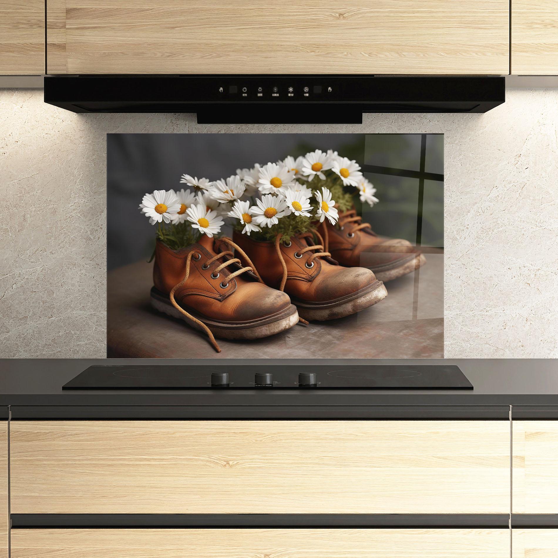 Стъклен панел за кухня Old Boot Flowers mockup 3