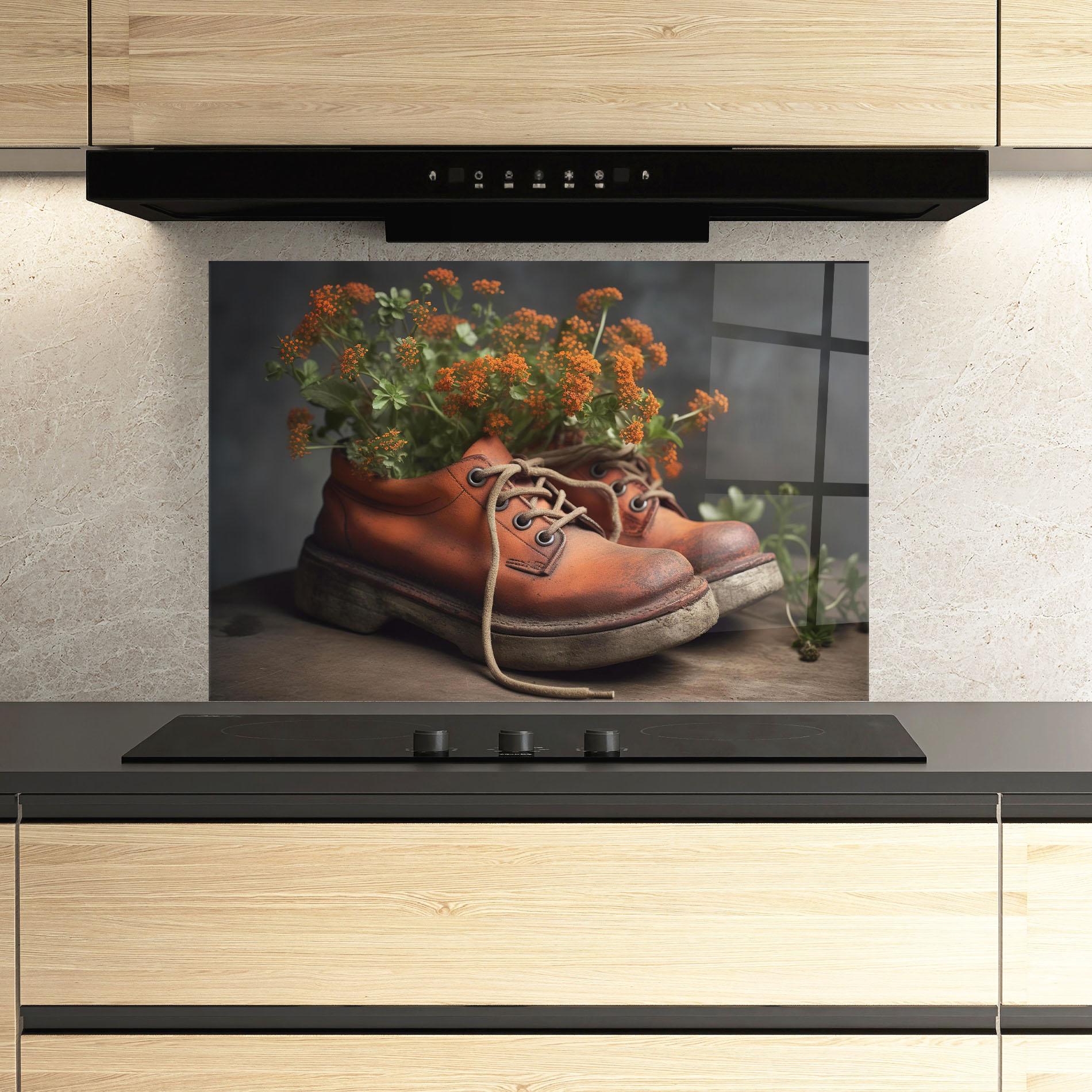 Стъклен панел за кухня Old Boot Spring Flowers mockup 3