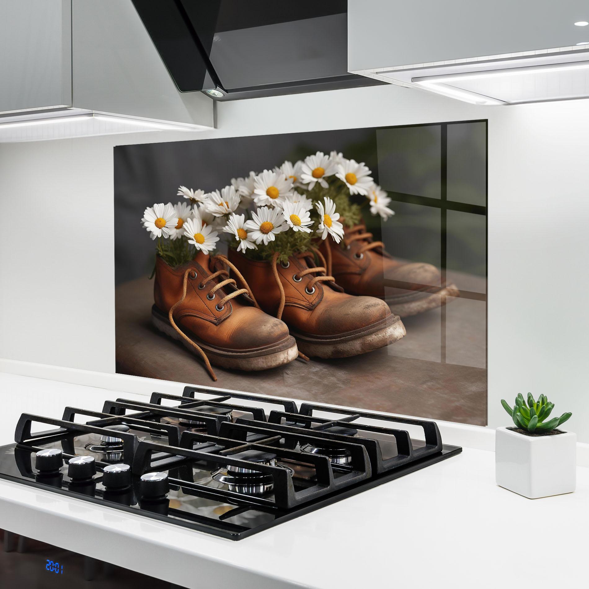 Стъклен панел за кухня Old Boot Flowers mockup 6