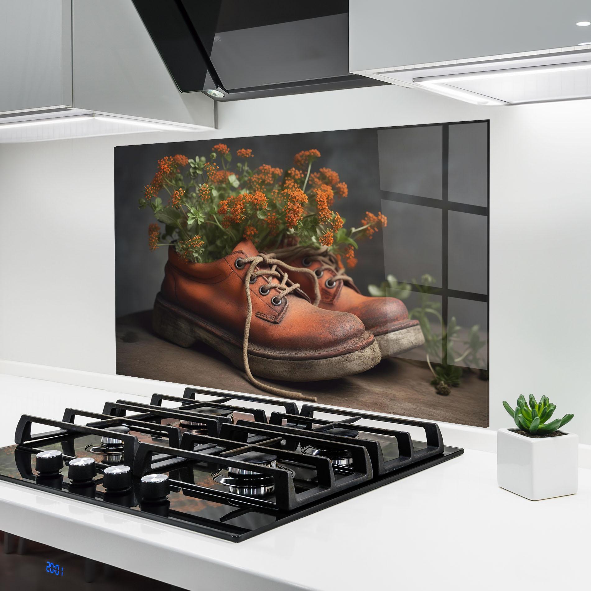 Стъклен панел за кухня Old Boot Spring Flowers mockup 6