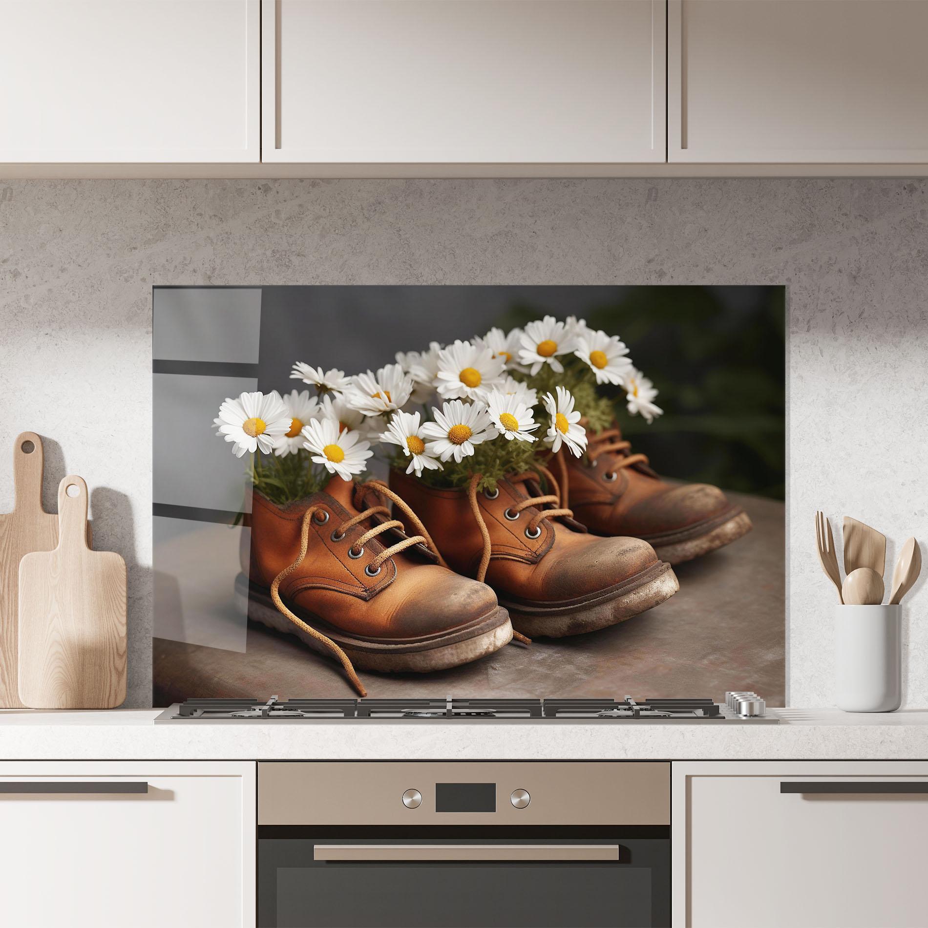 Стъклен панел за кухня Old Boot Flowers mockup 7