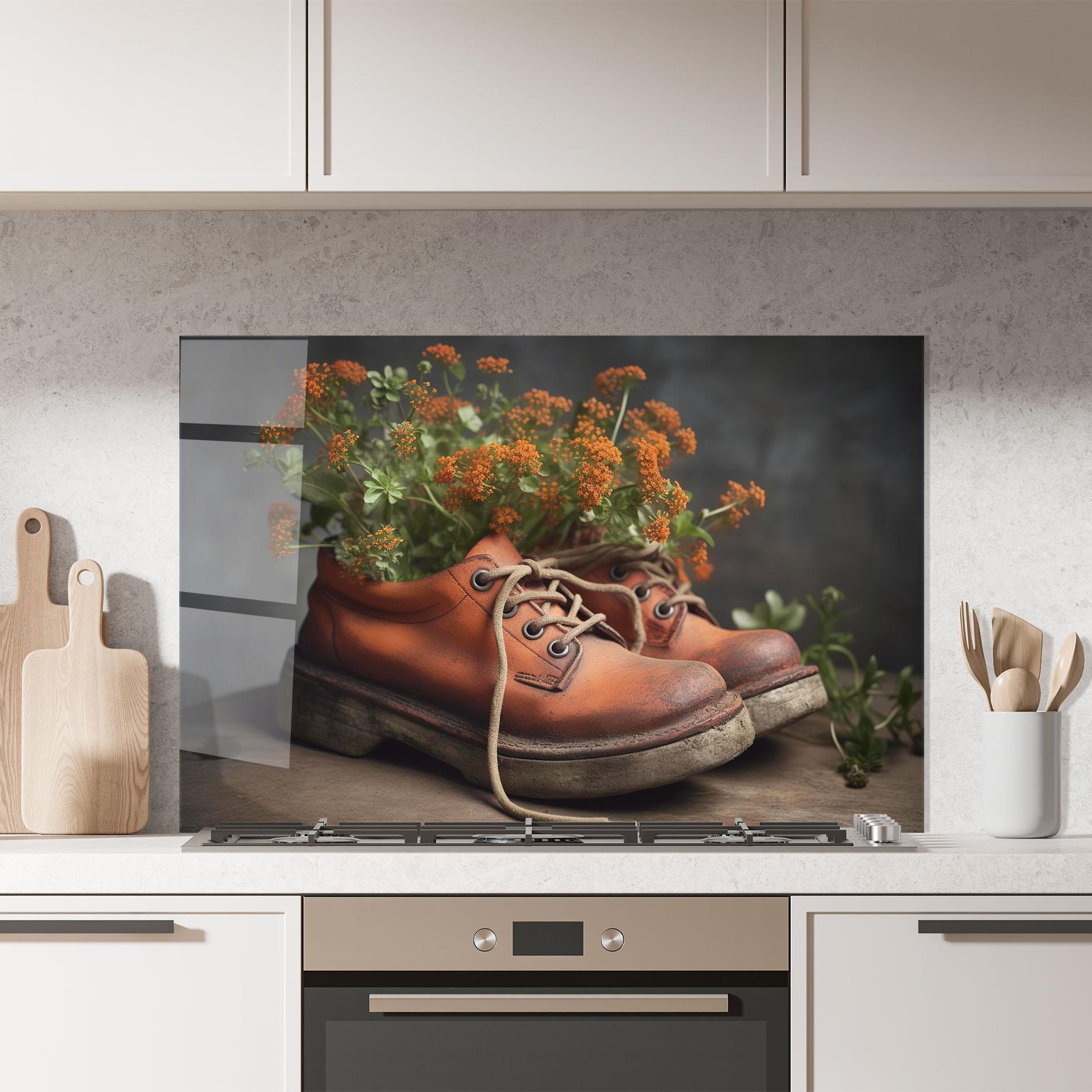 Стъклен панел за кухня Old Boot Spring Flowers mockup 7