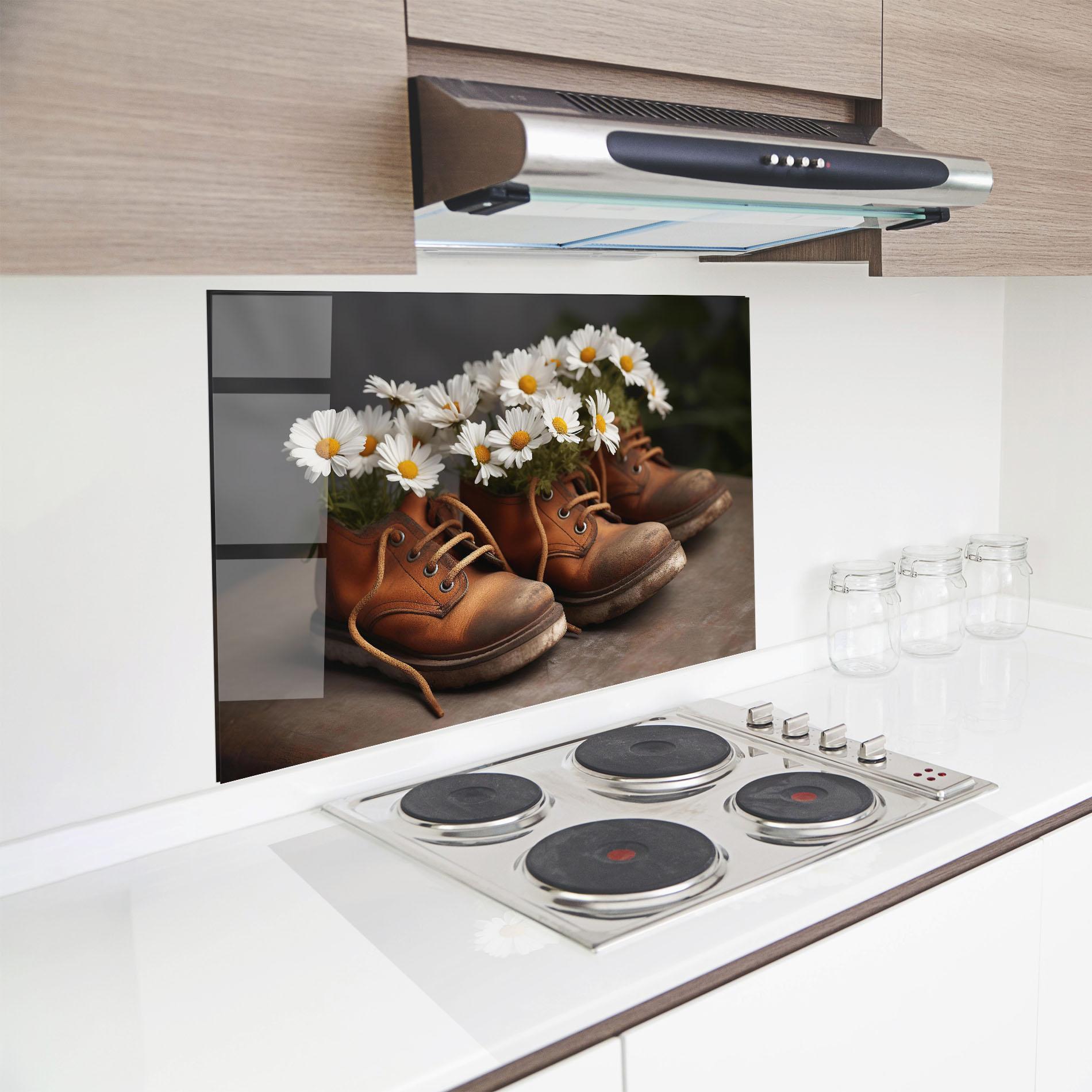Стъклен панел за кухня Old Boot Flowers mockup 8