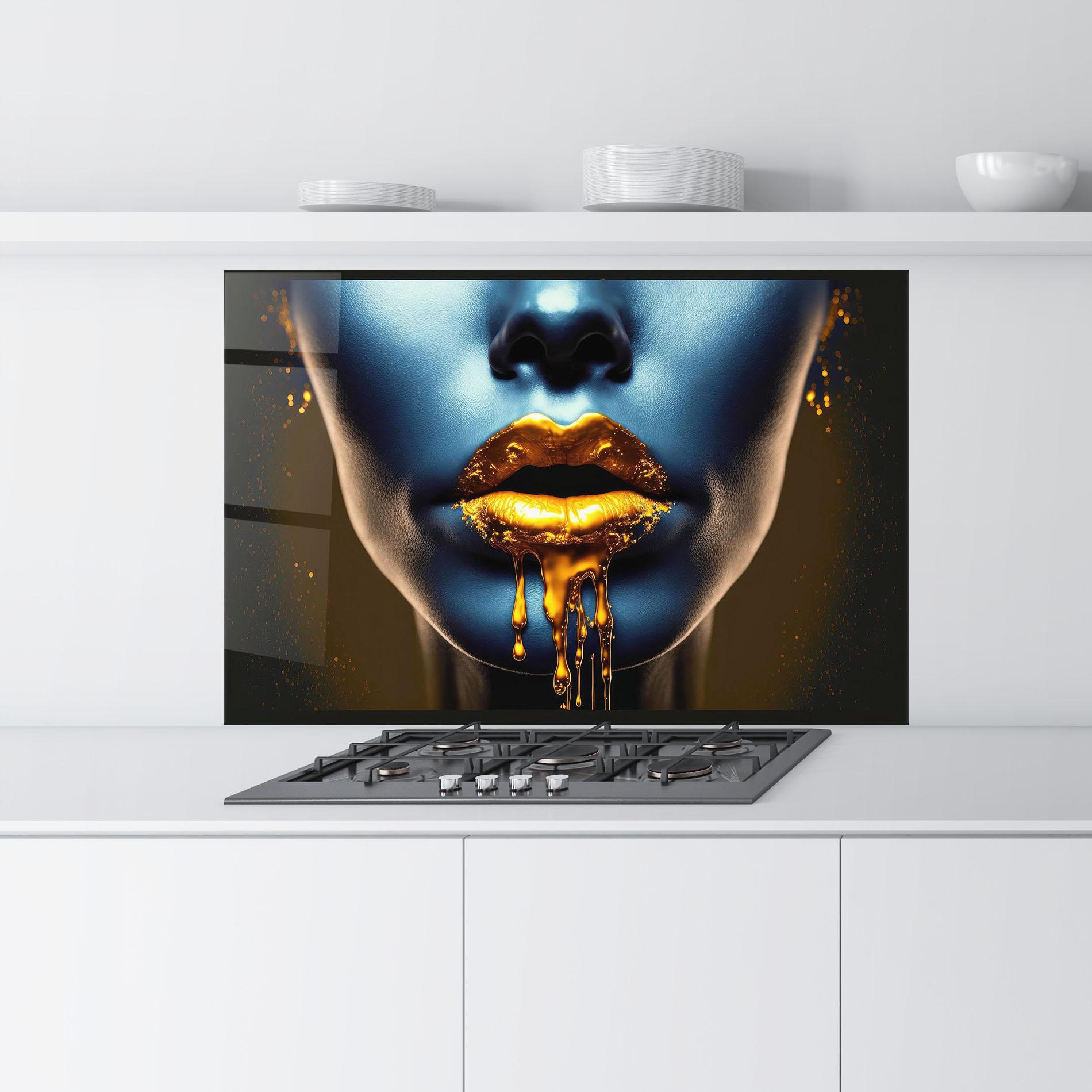 Стъклен панел за кухня Gold Liquid Blue mockup 9