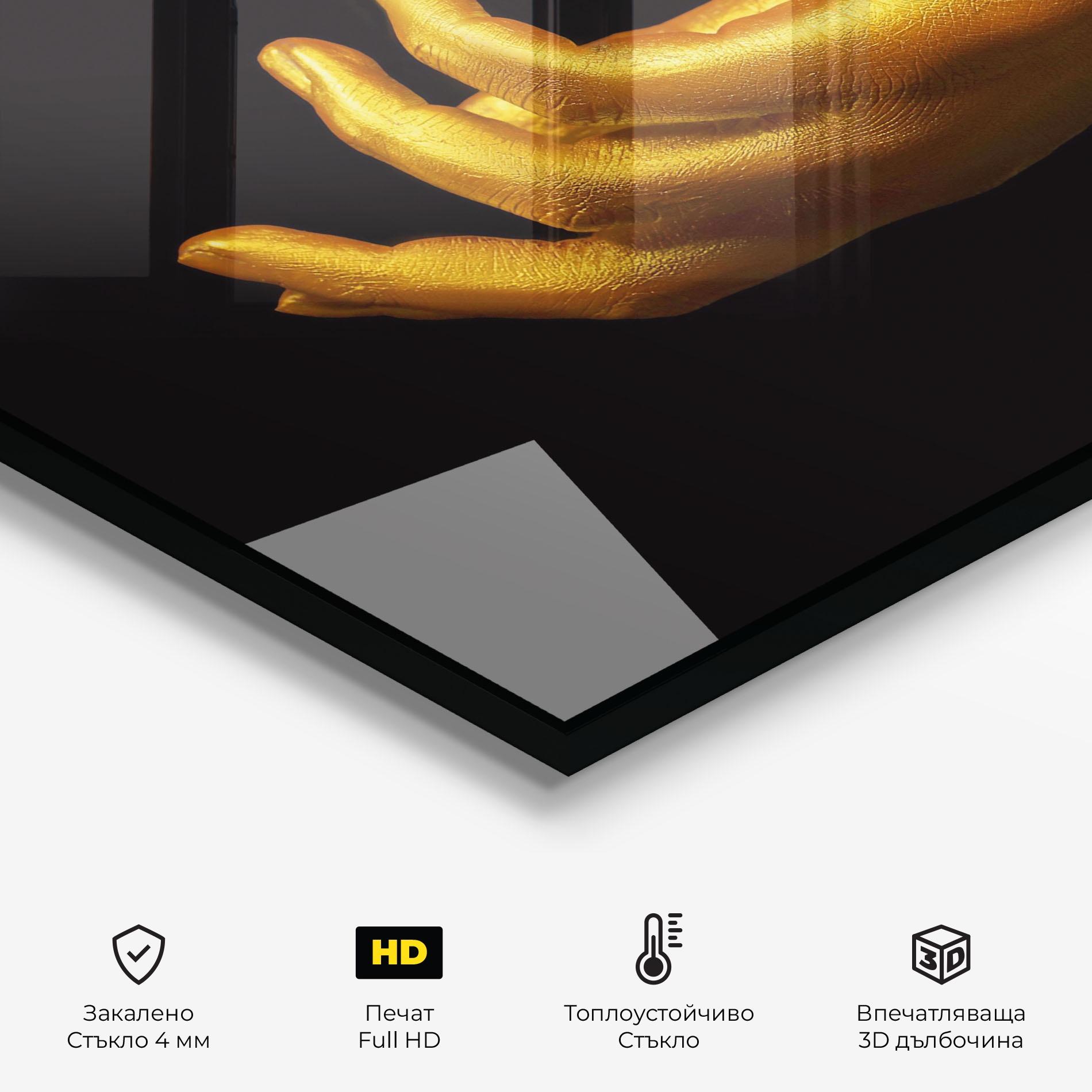 Стъклен панел за кухня Strong Gold Hand mockup 2