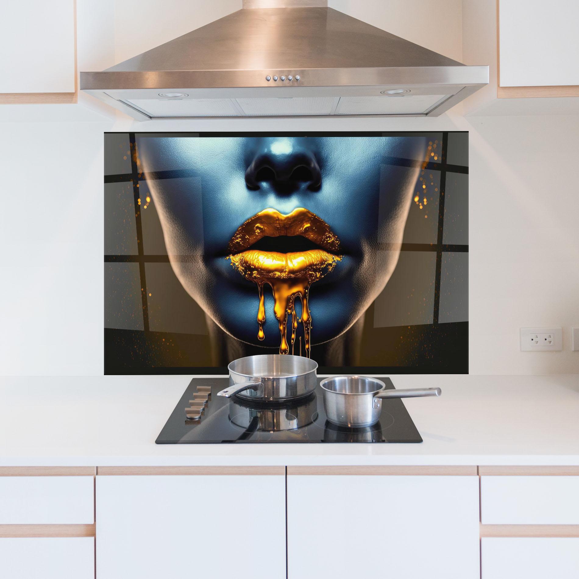Стъклен панел за кухня Gold Liquid Blue mockup 5
