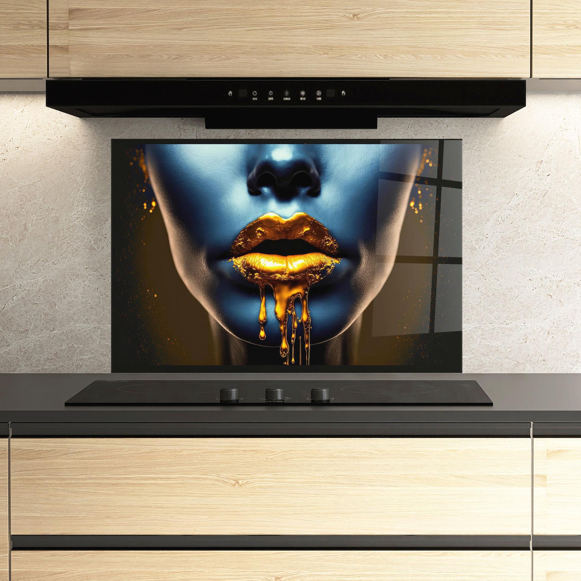 Стъклен панел за кухня Gold Liquid Blue mockup 3