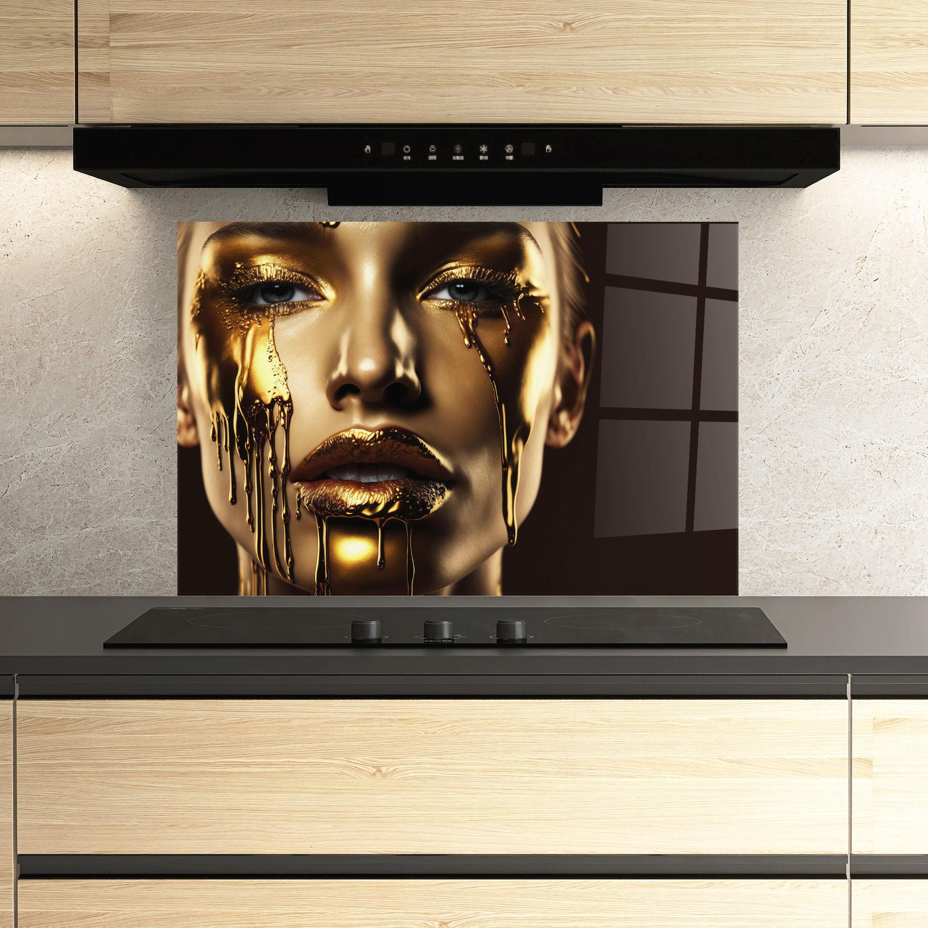 Стъклен панел за кухня Yellow Dripping Gold mockup 3