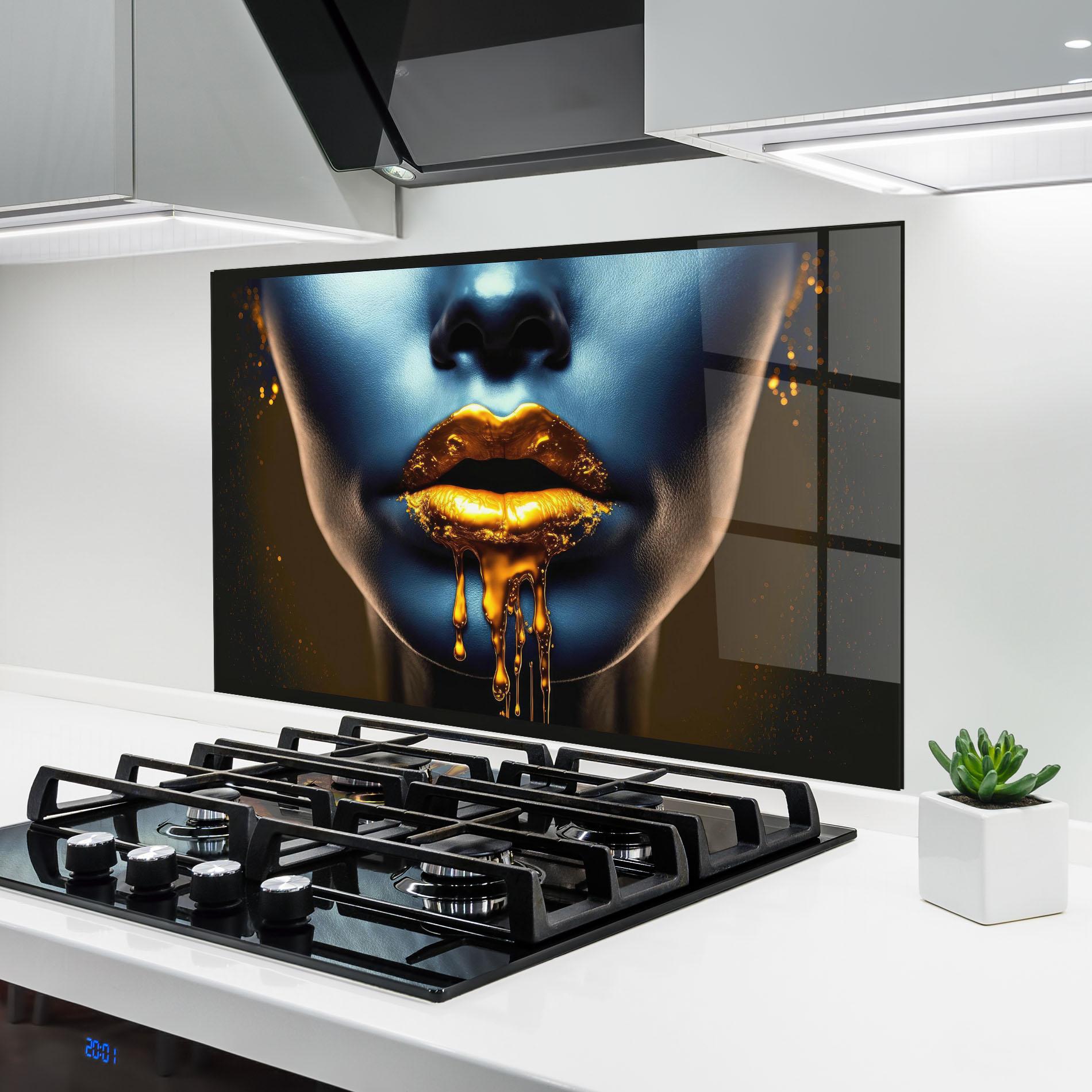 Стъклен панел за кухня Gold Liquid Blue mockup 6